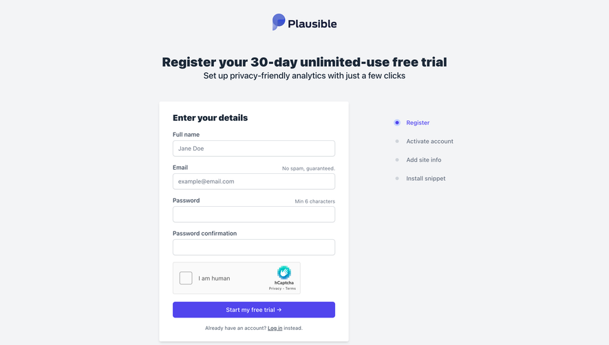 Plausible Analytics Signup