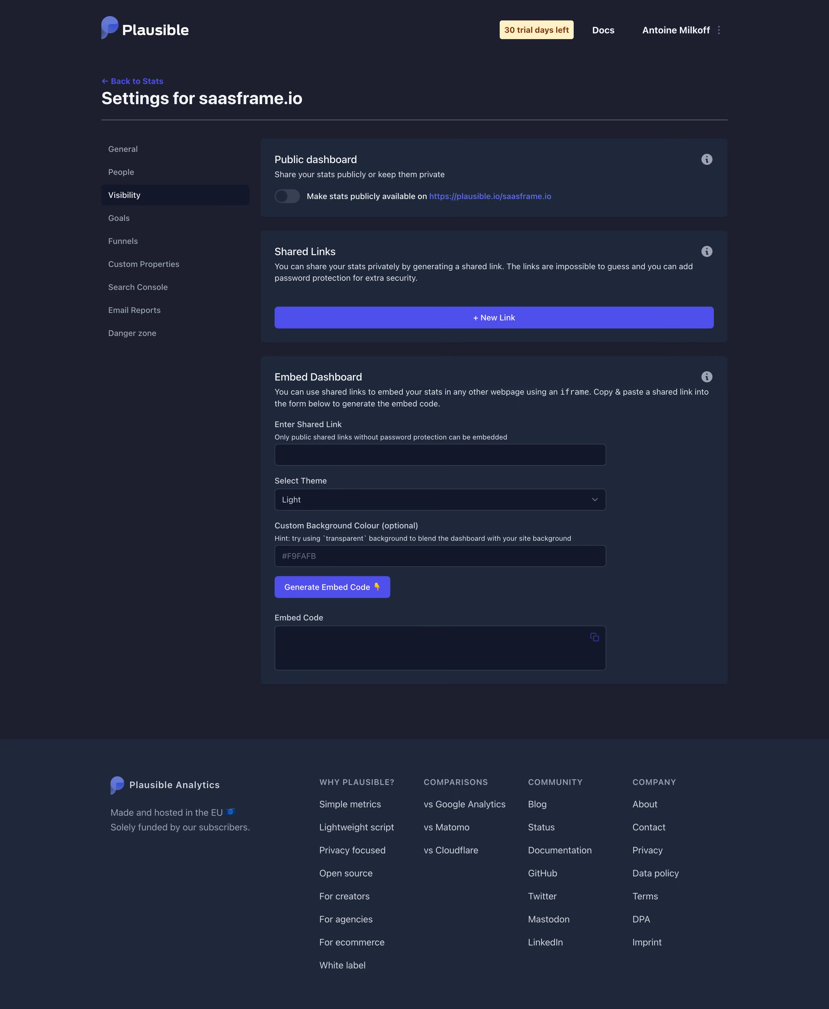 Plausible Analytics Visibility Settings