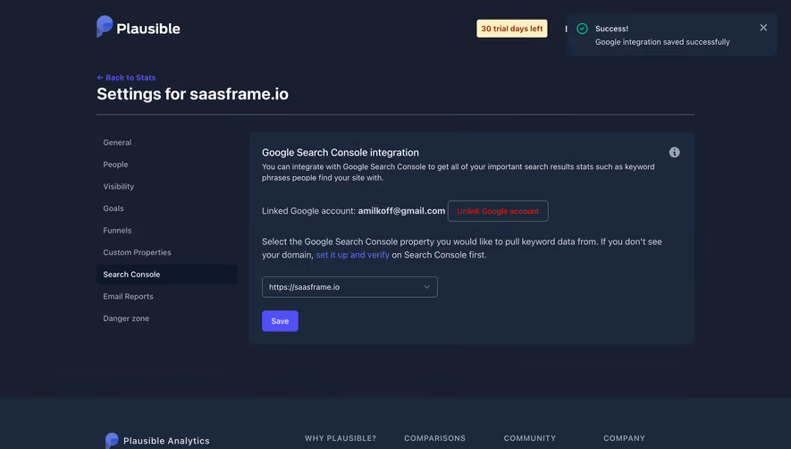 Plausible Analytics Google Search Console Integrated
