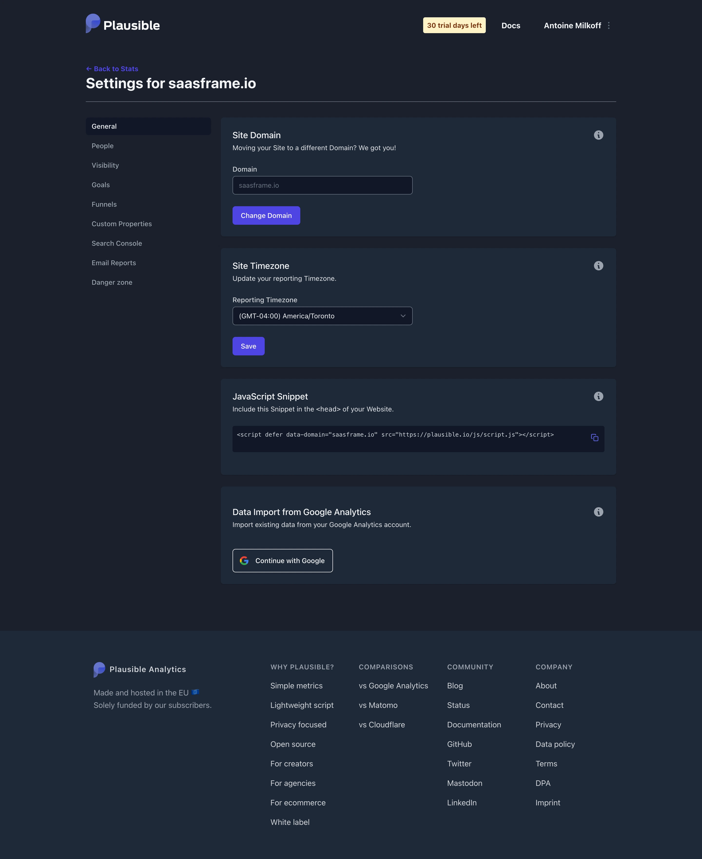 Plausible Analytics General Settings