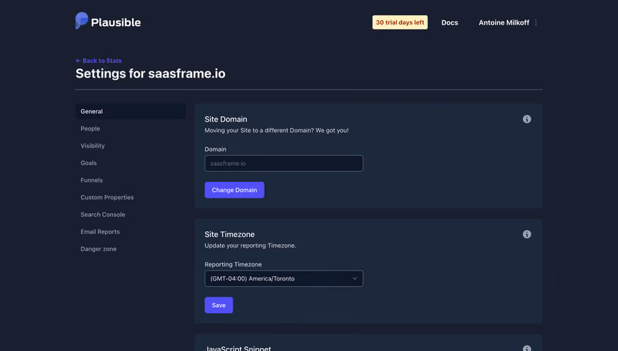Plausible Analytics General Settings