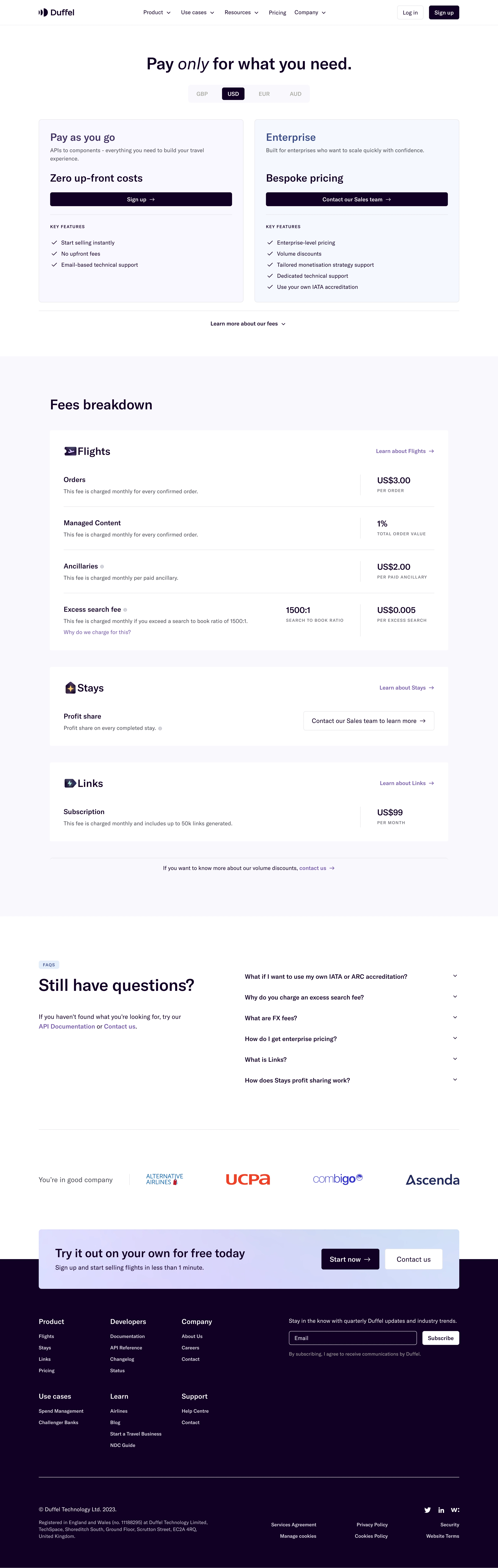 Duffel Pricing Page