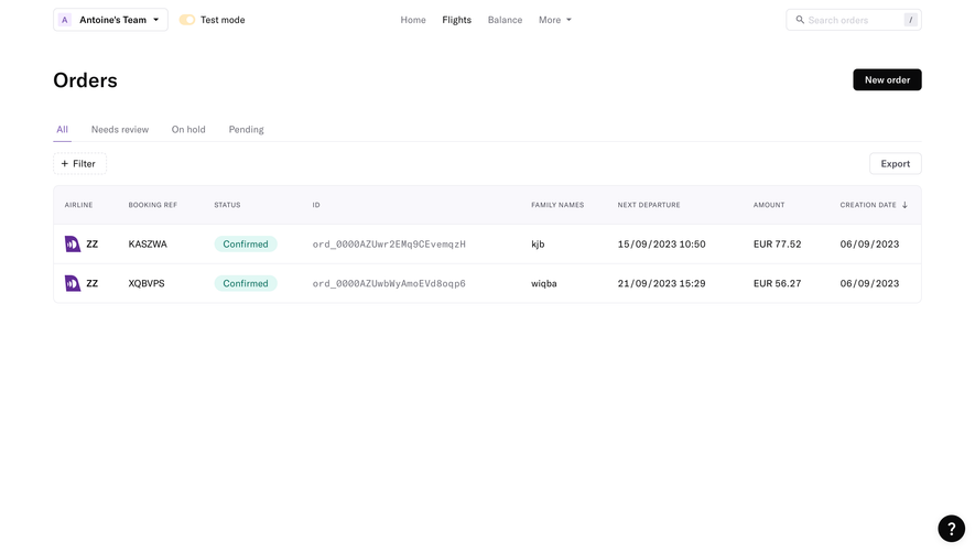 Duffel Order Dashboard