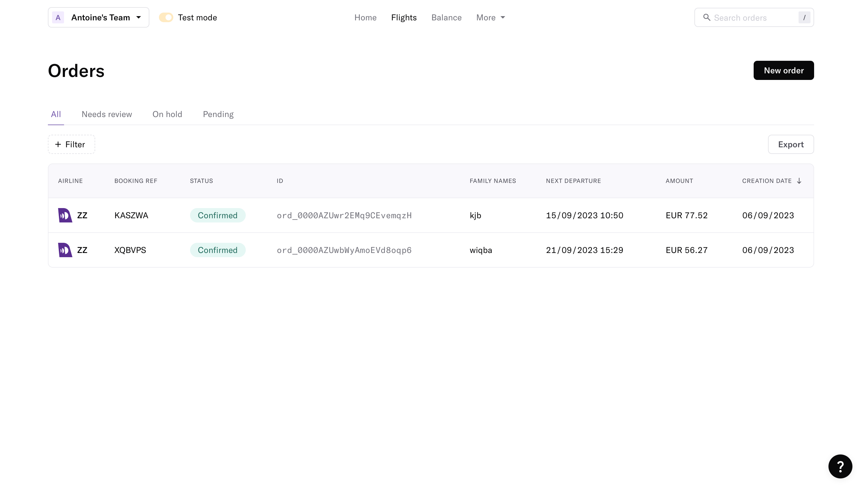 Duffel Order Dashboard