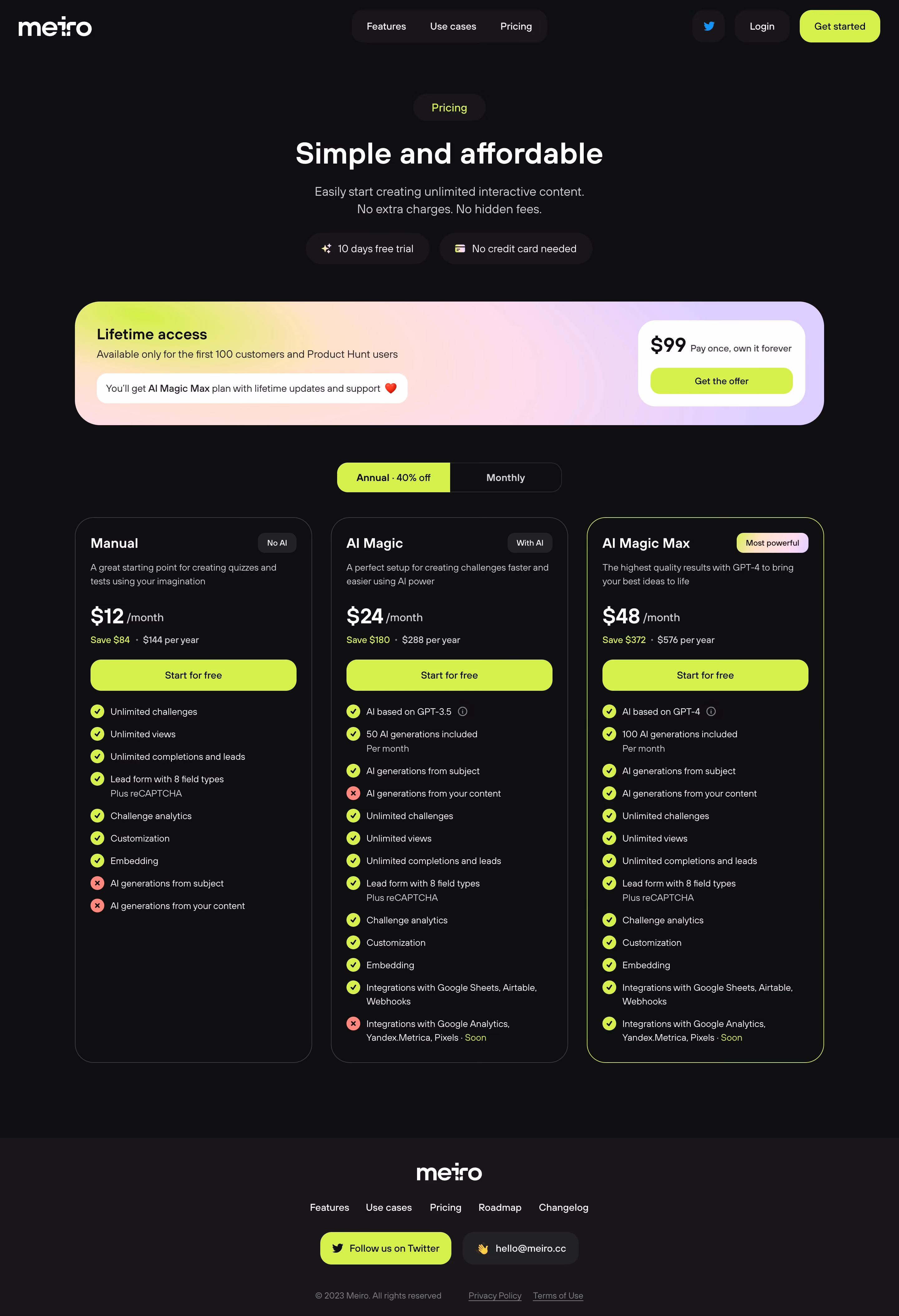 Meiro Pricing Page