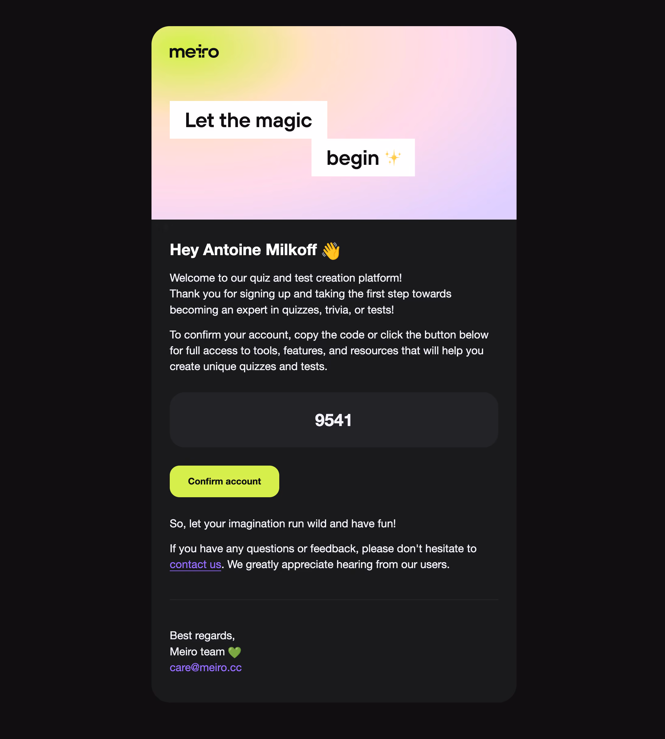 Meiro Verification Email