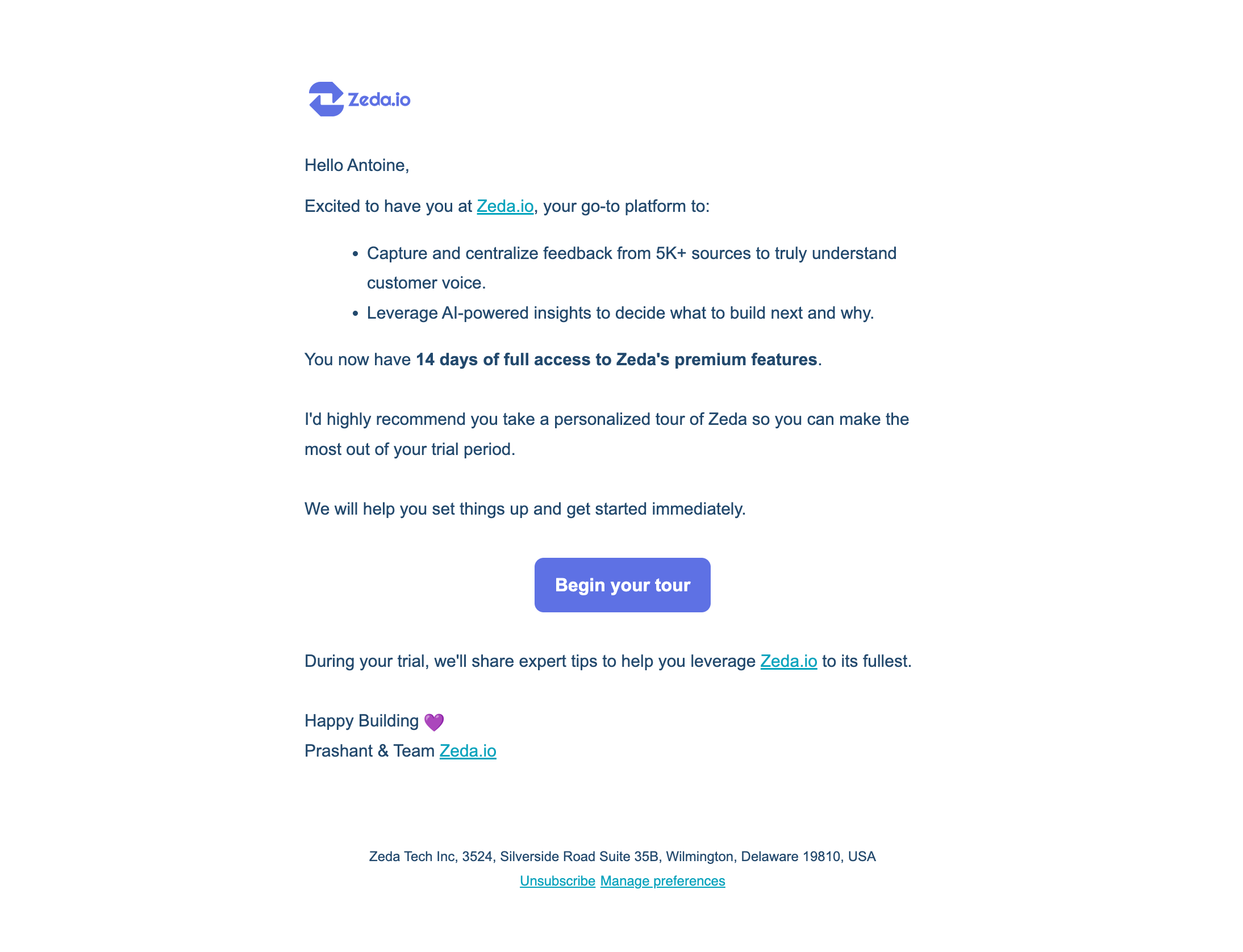 Zeda.io Welcome Email