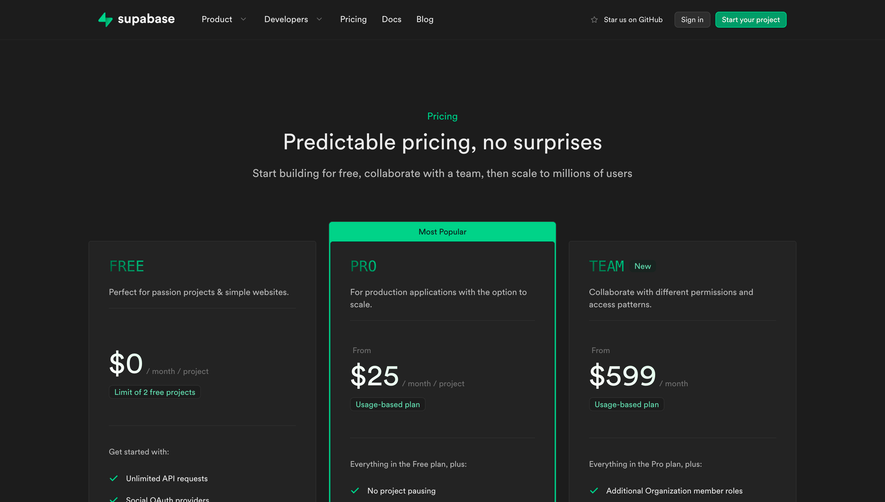 Supabase Pricing Page