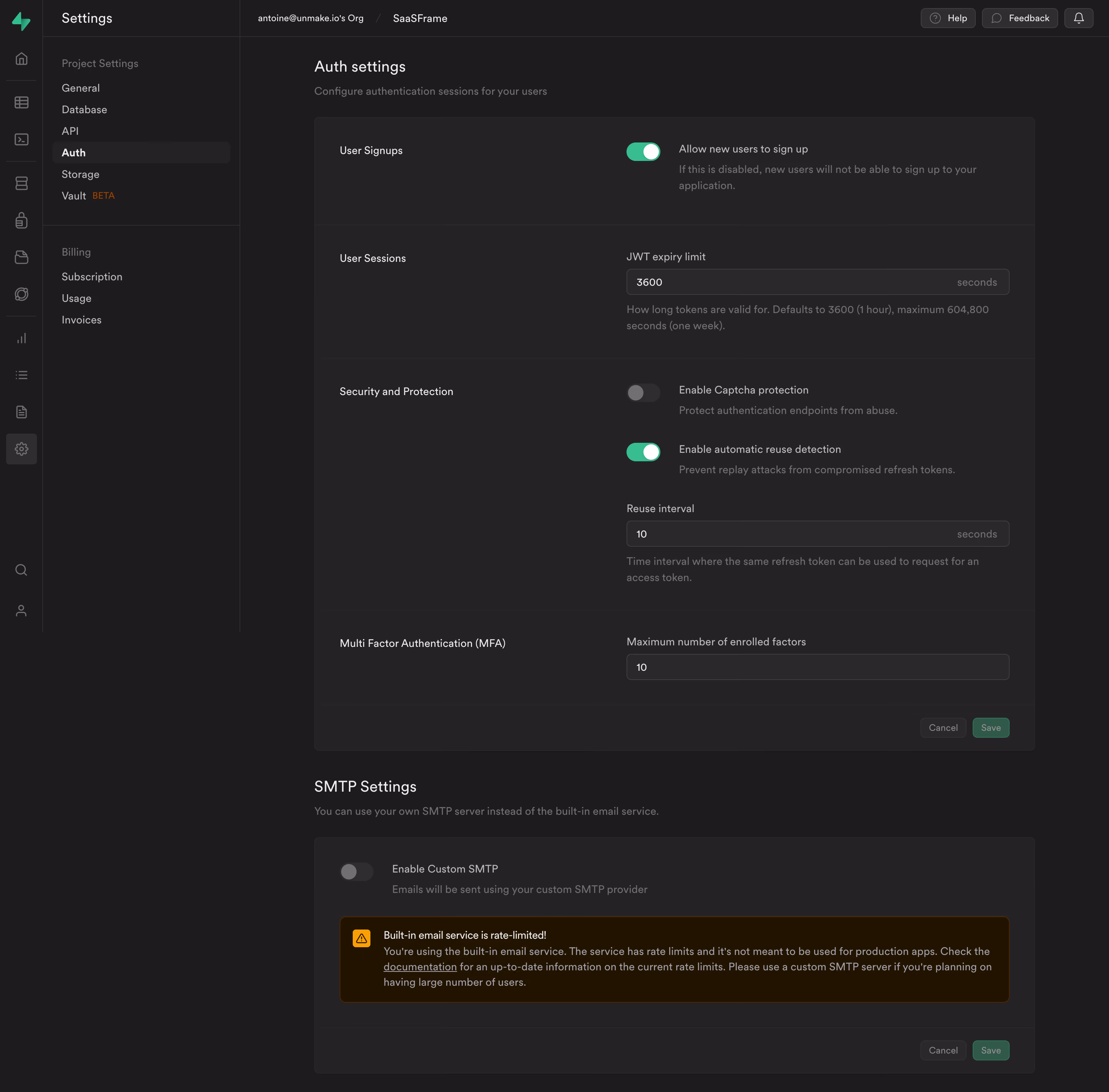 Supabase Auth Settings