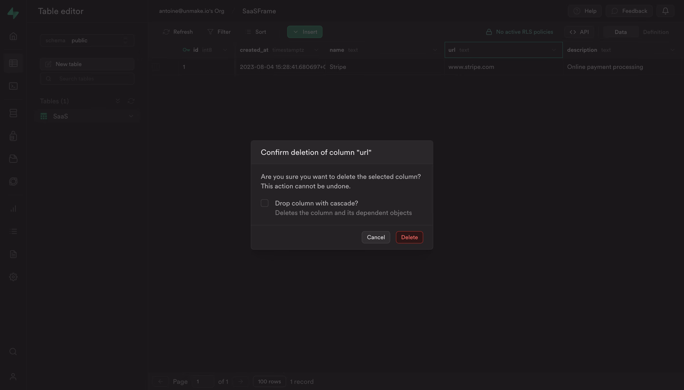 Supabase Delete Column Confirmation Modal