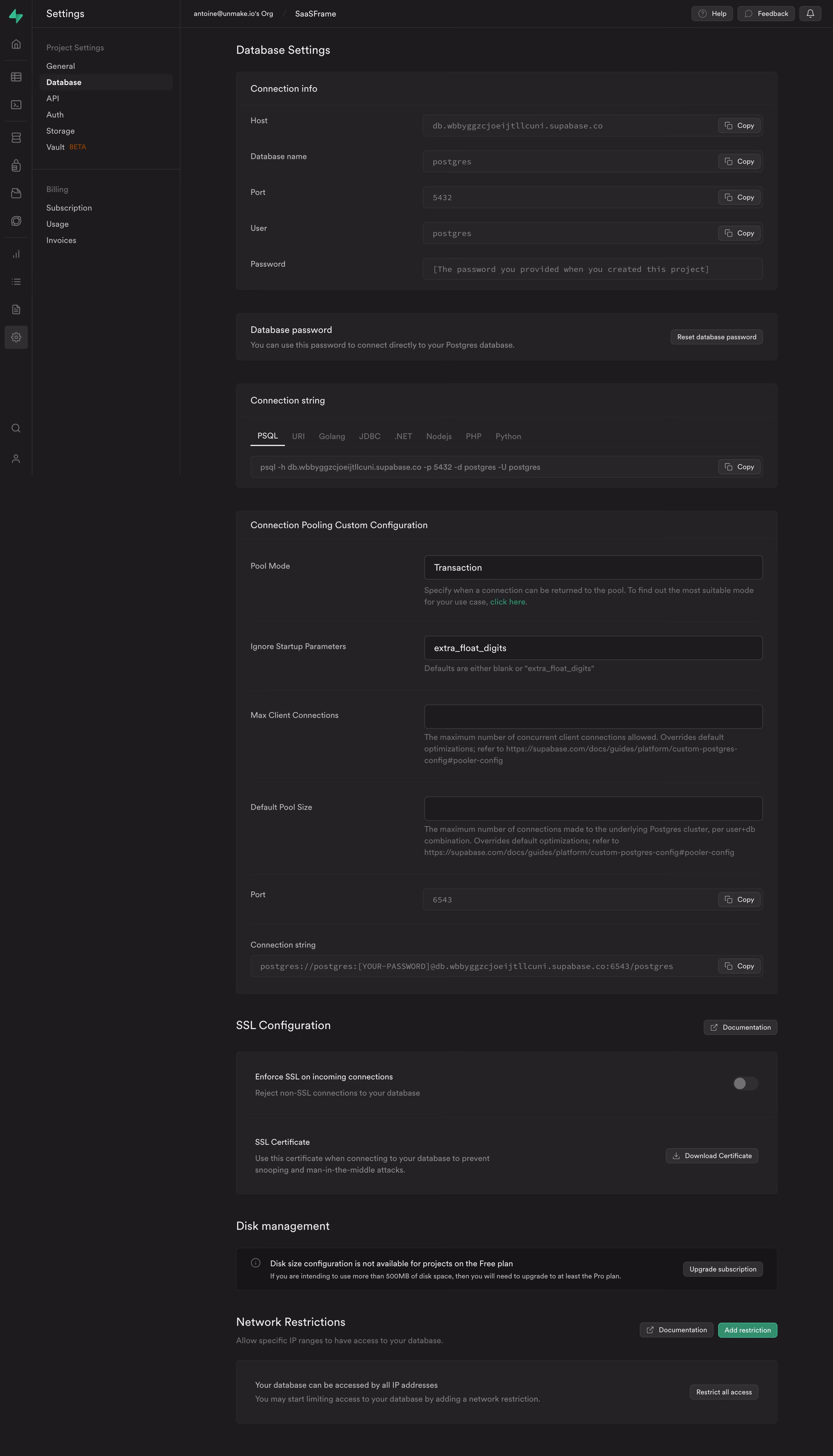 Supabase Database Settings