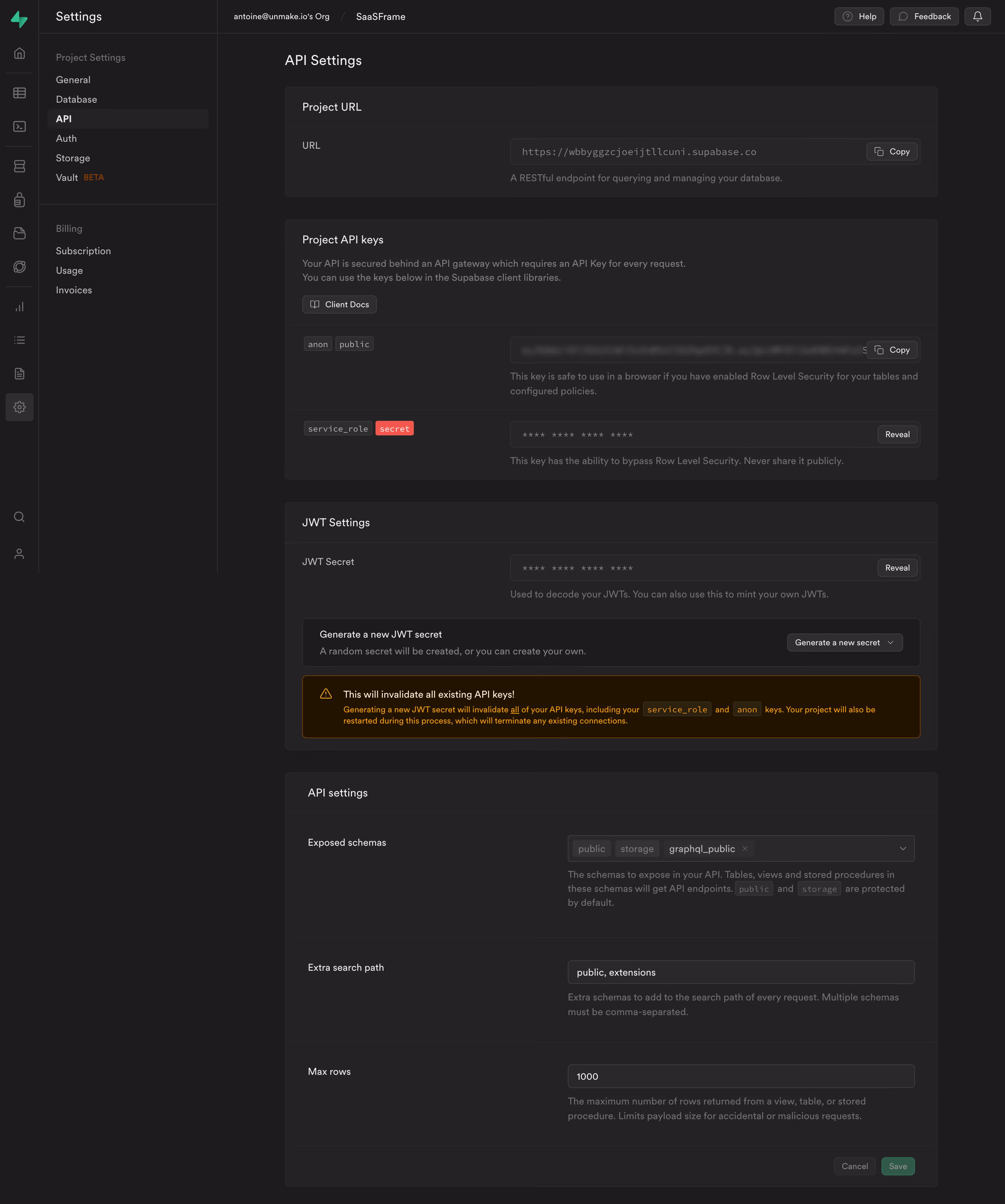 Supabase API Settings