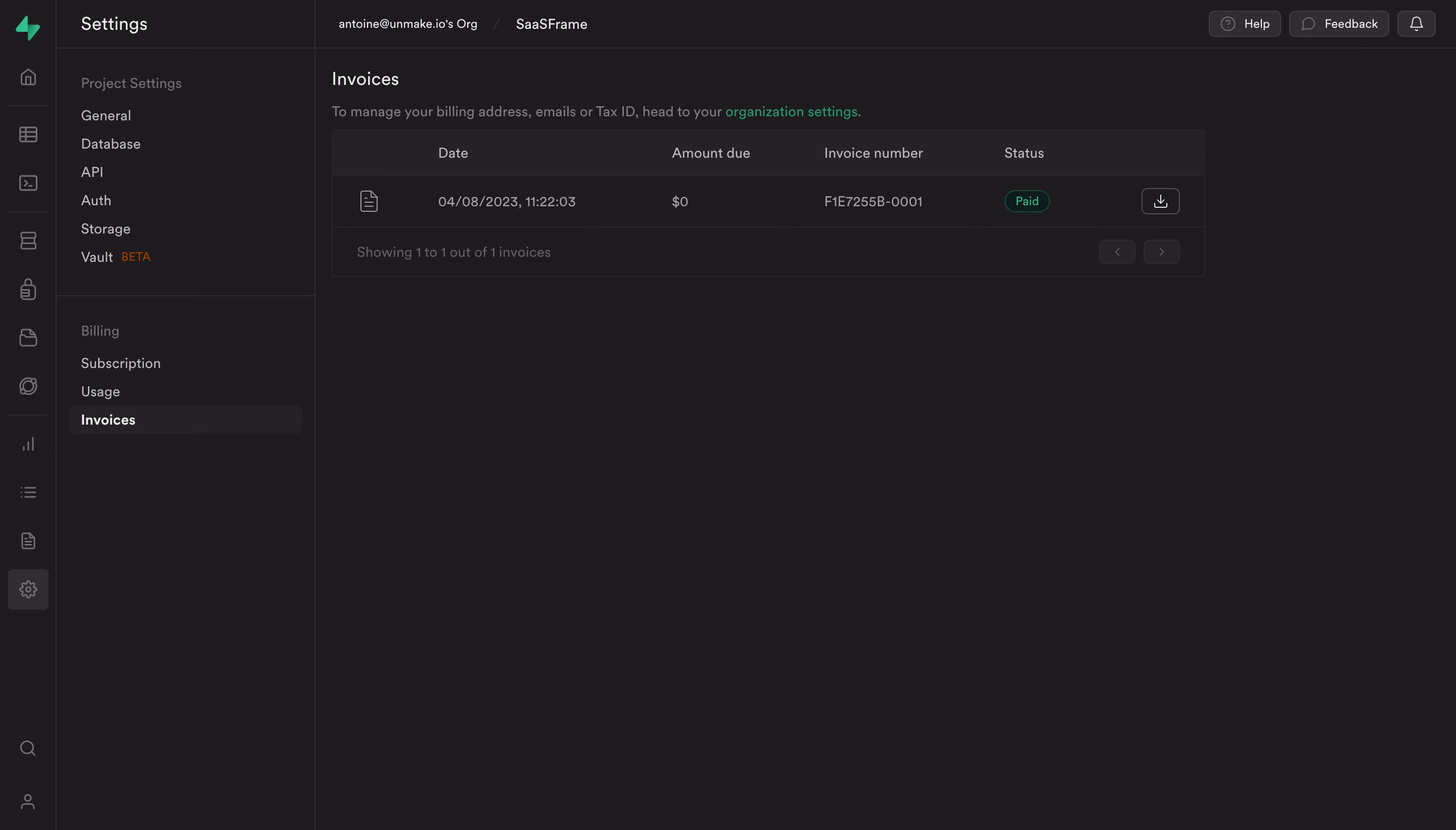 Supabase Invoices Settings