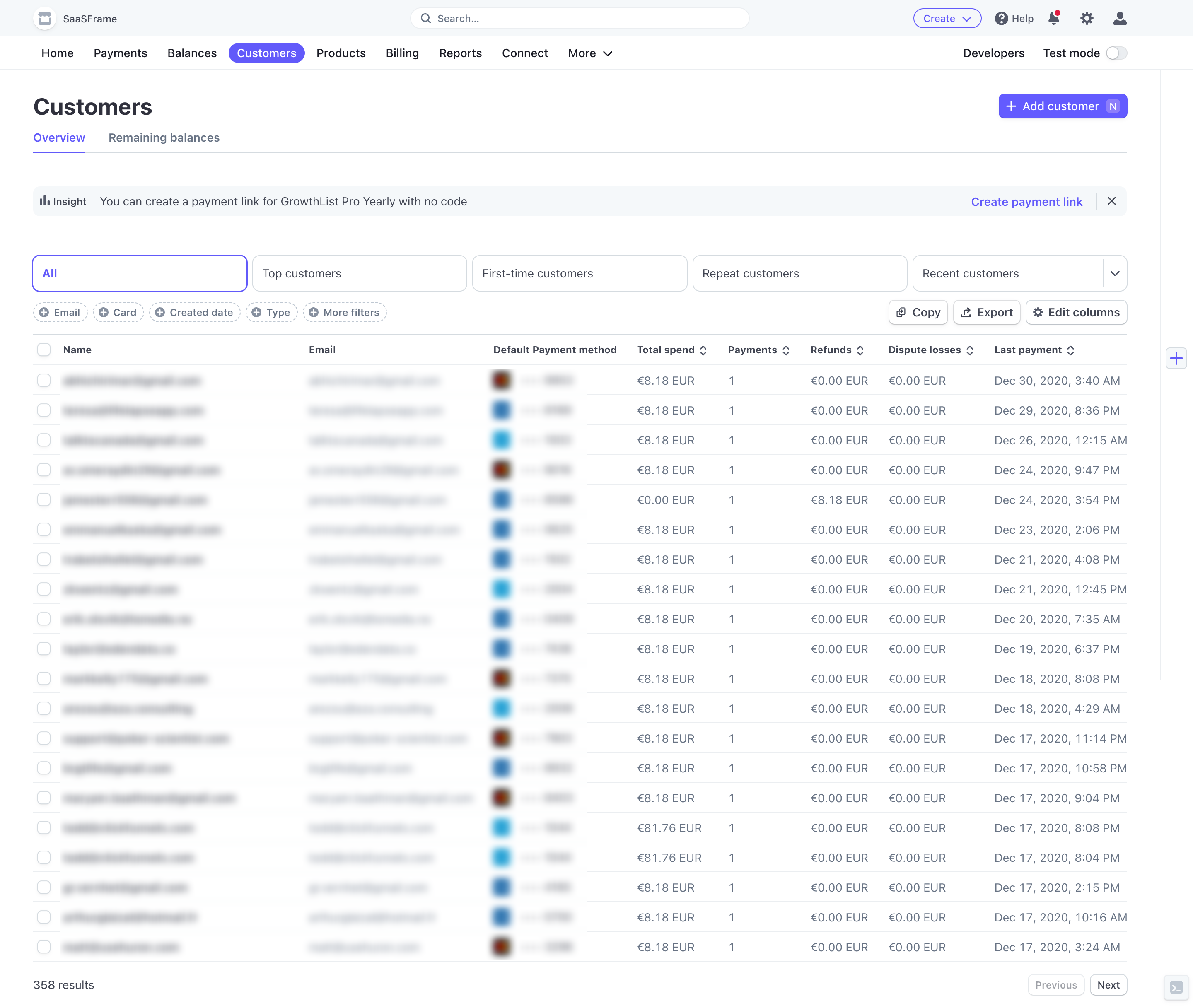 Stripe Customers Dashboard
