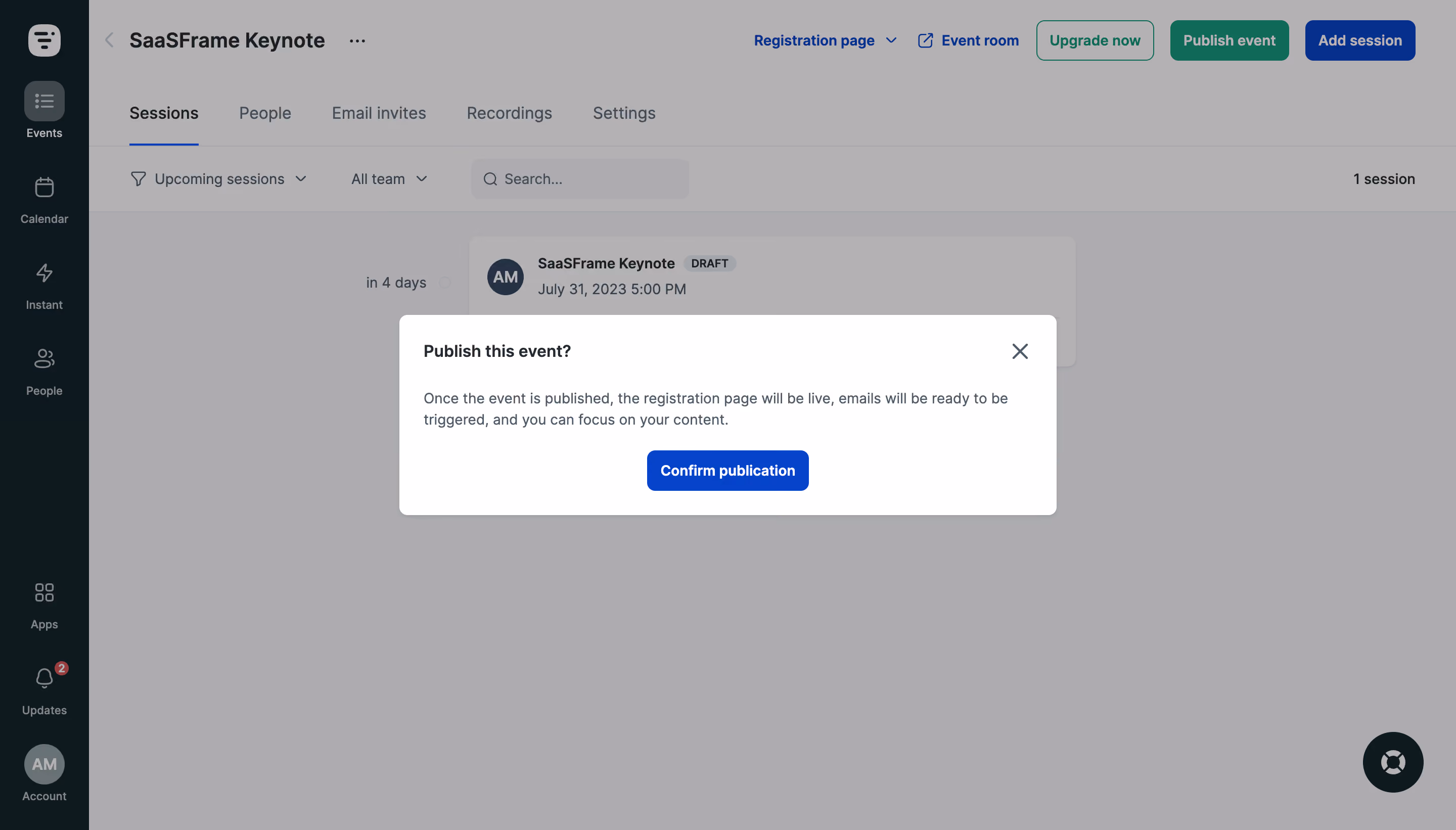 Livestorm Publish Event Confirmation
