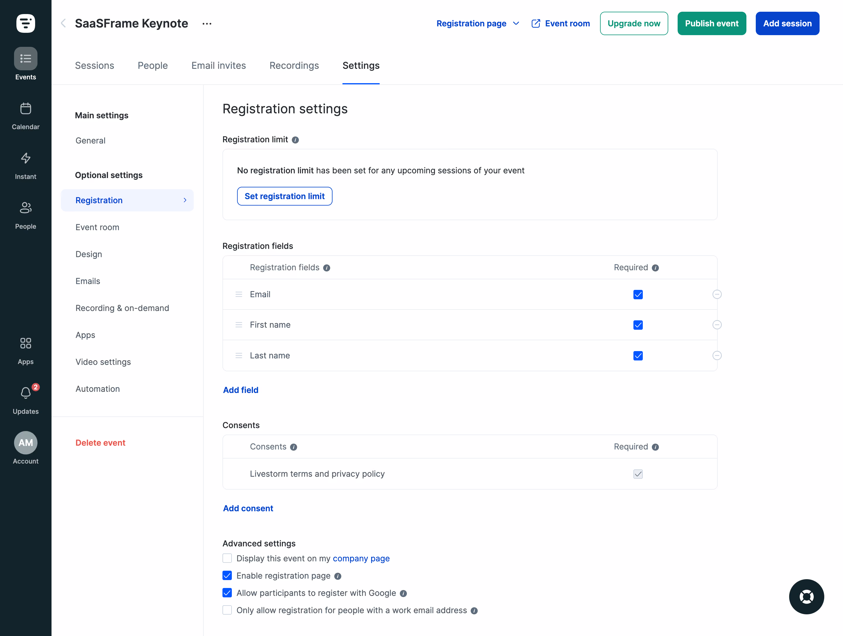 Livestorm Event Registration Settings