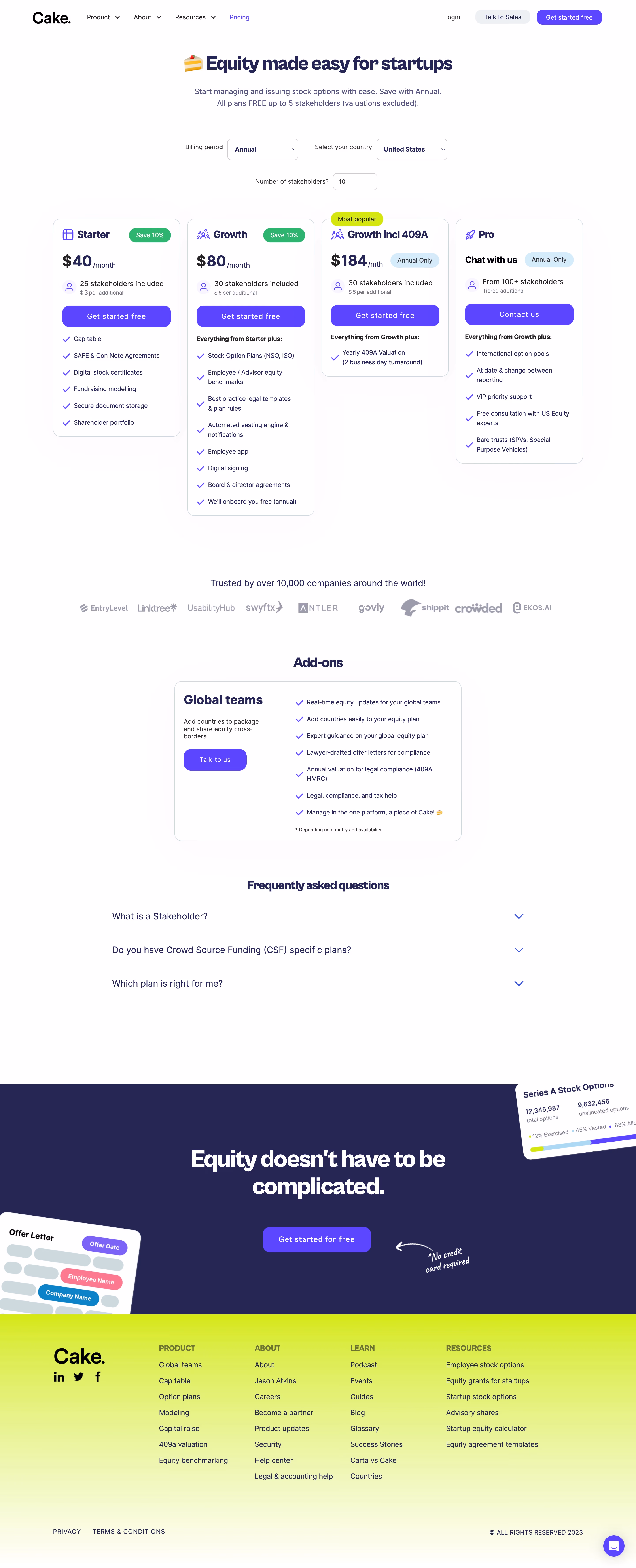 Cake Equity Pricing Page