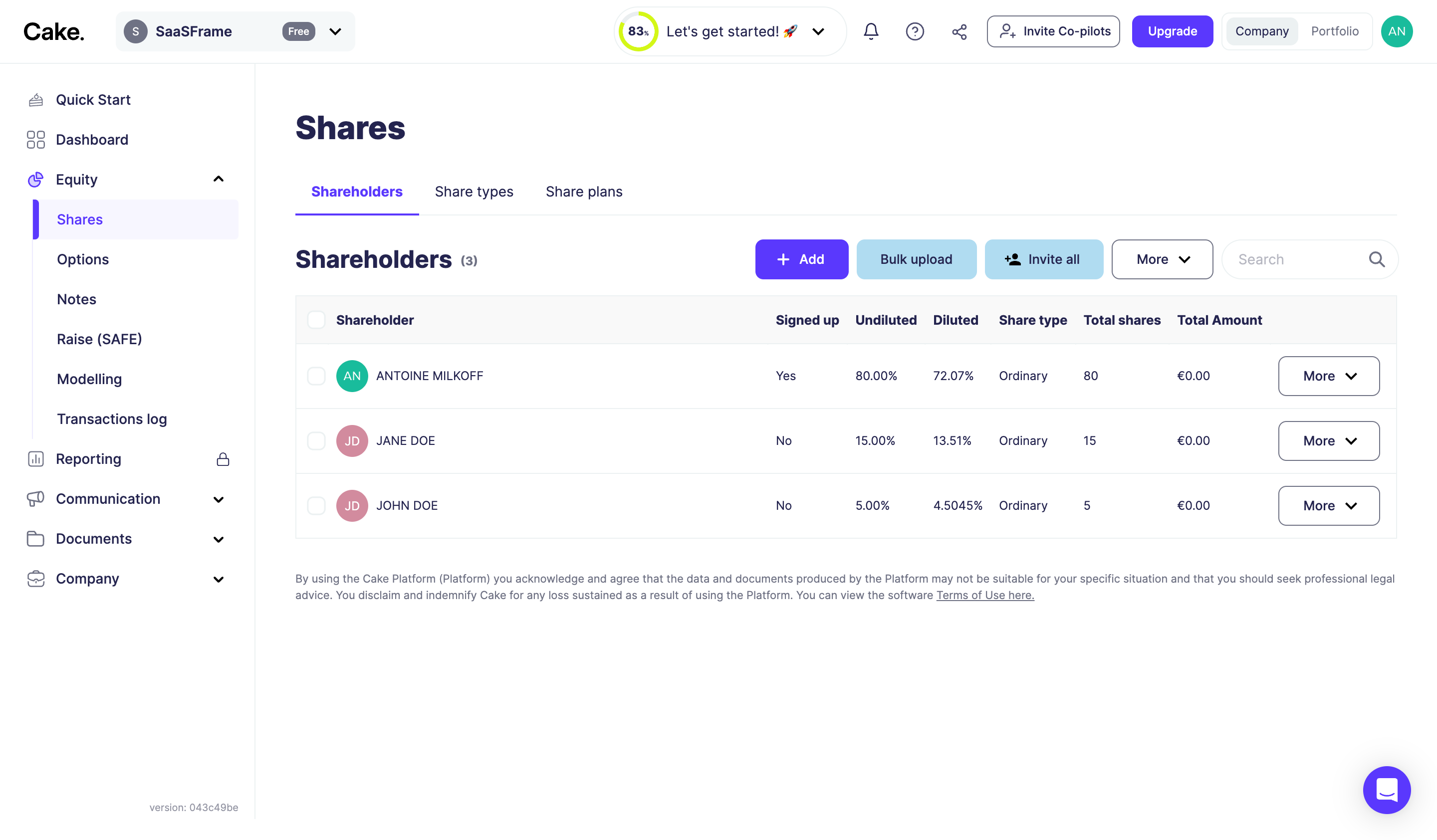 Cake Equity Shareholders Dashboard