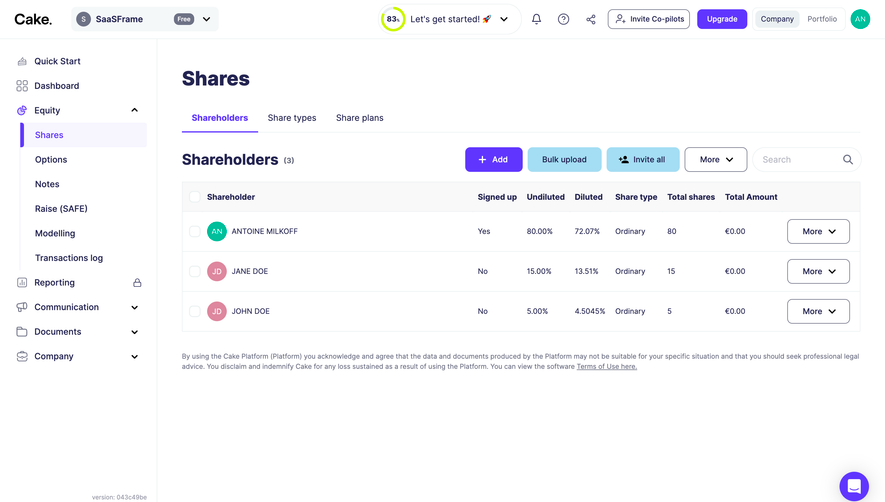 Cake Equity Shareholders Dashboard
