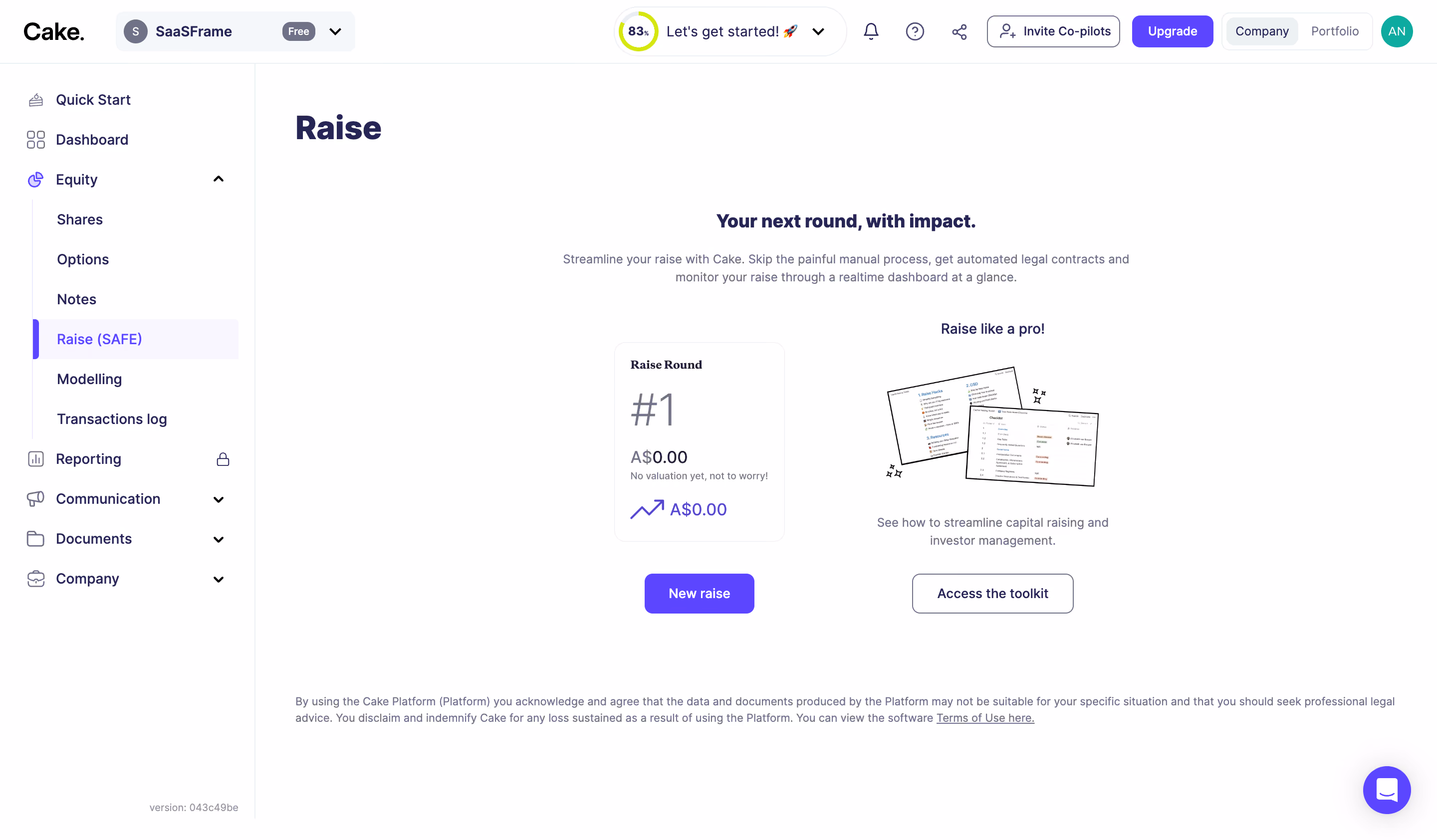 Cake Equity Empty Raise Dashboard