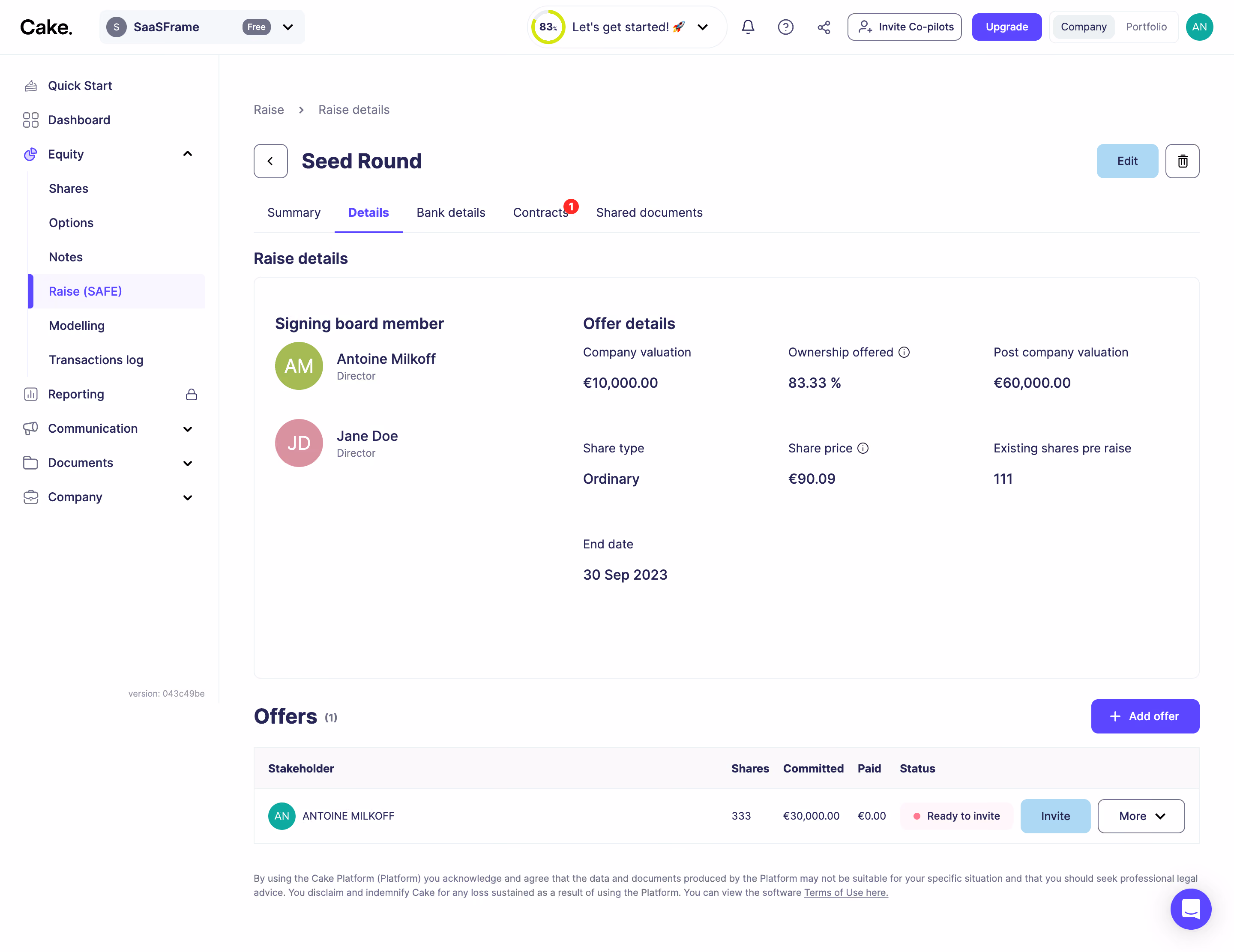 Cake Equity Raise Details