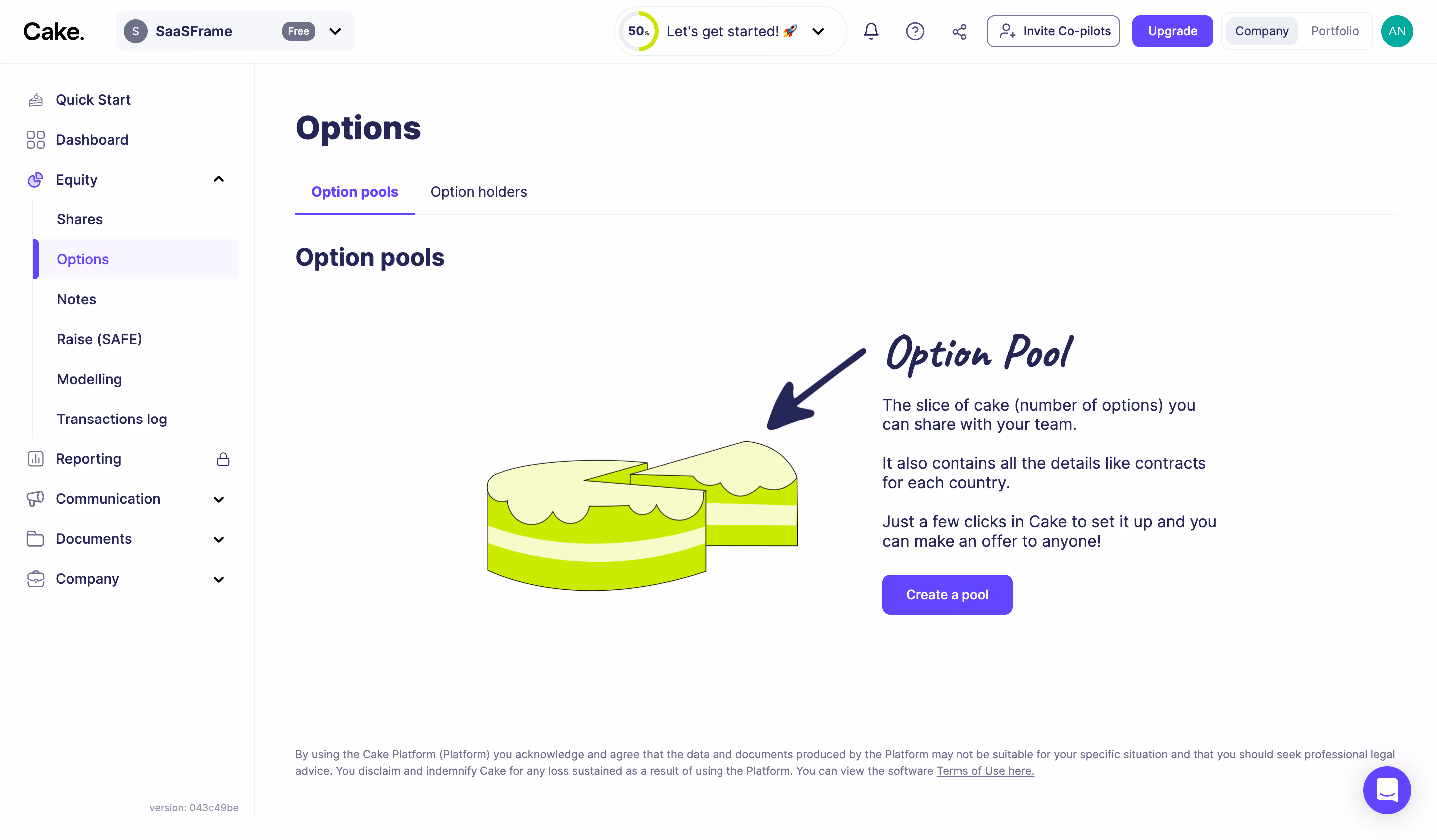 Cake Equity Empty Options Dashboard