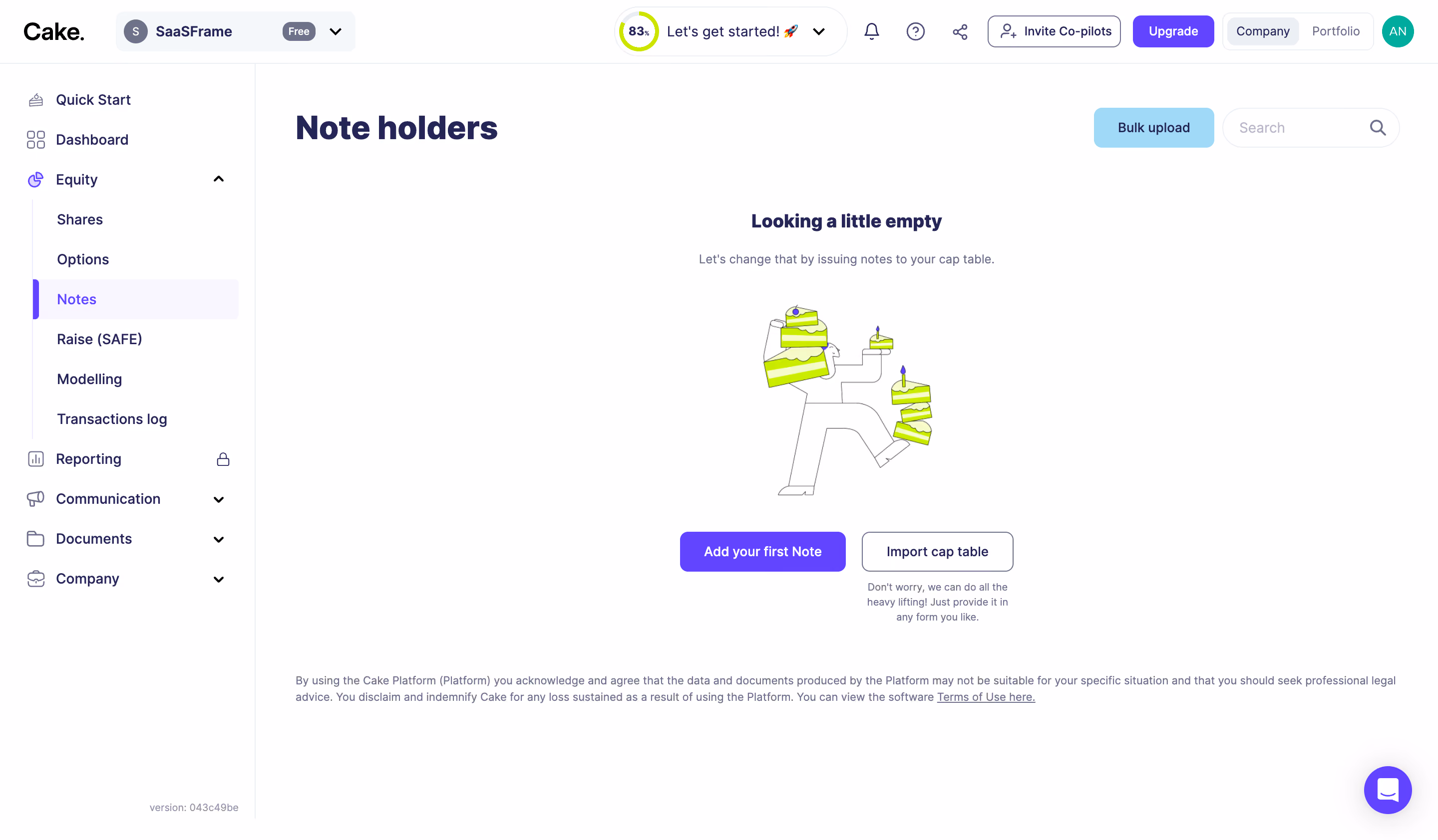 Cake Equity Empty Notes Dashboard