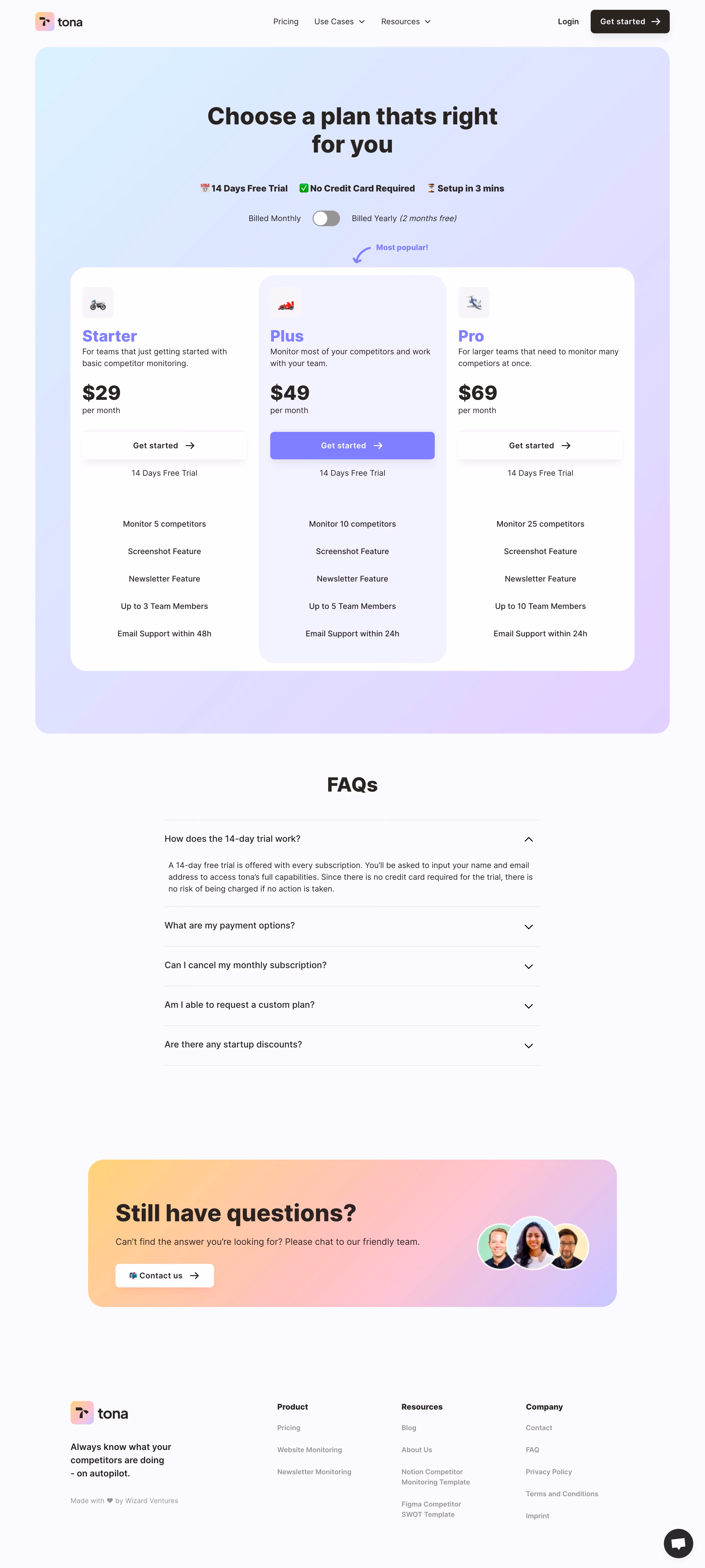 Tona Pricing Page