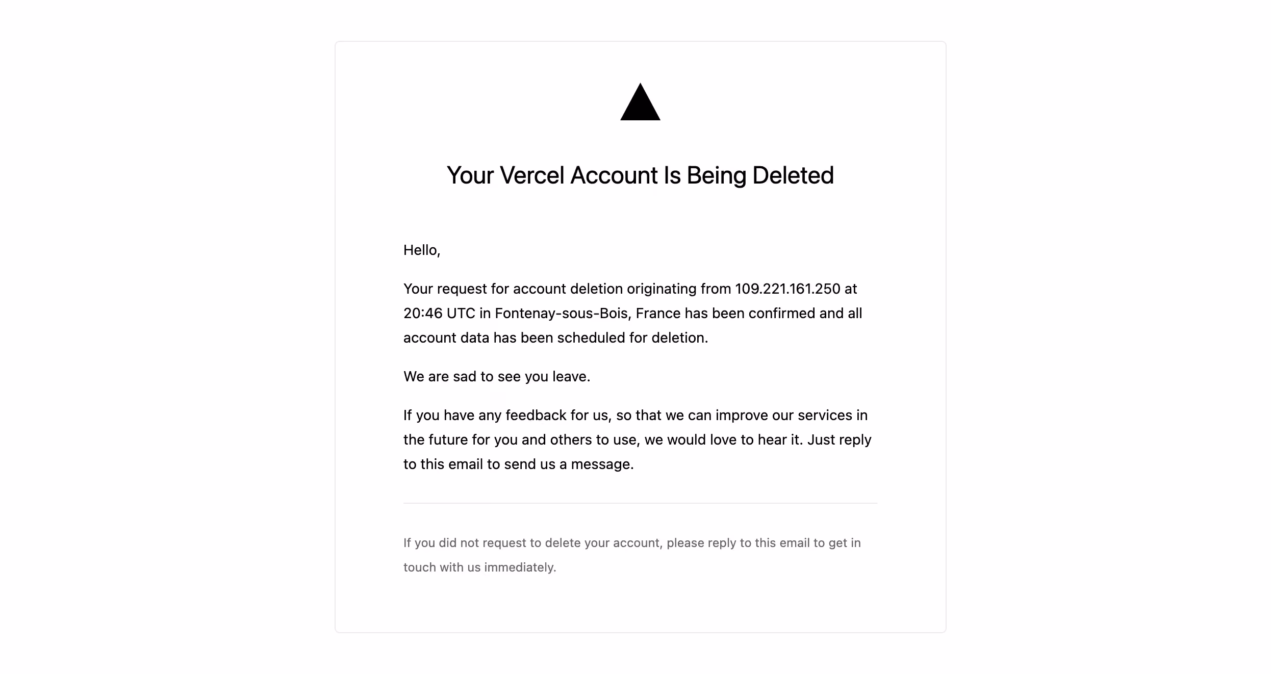 Vercel Delete Account Confirmation Email