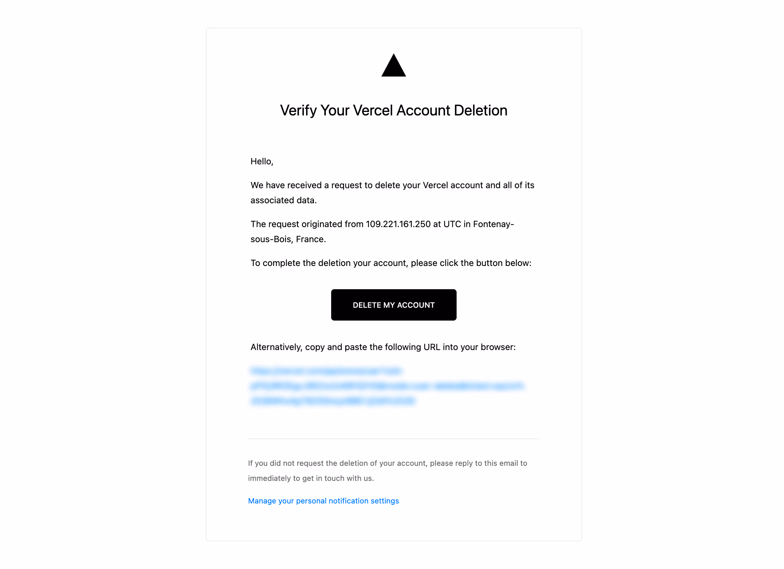 Vercel Delete Account Confirmation Email