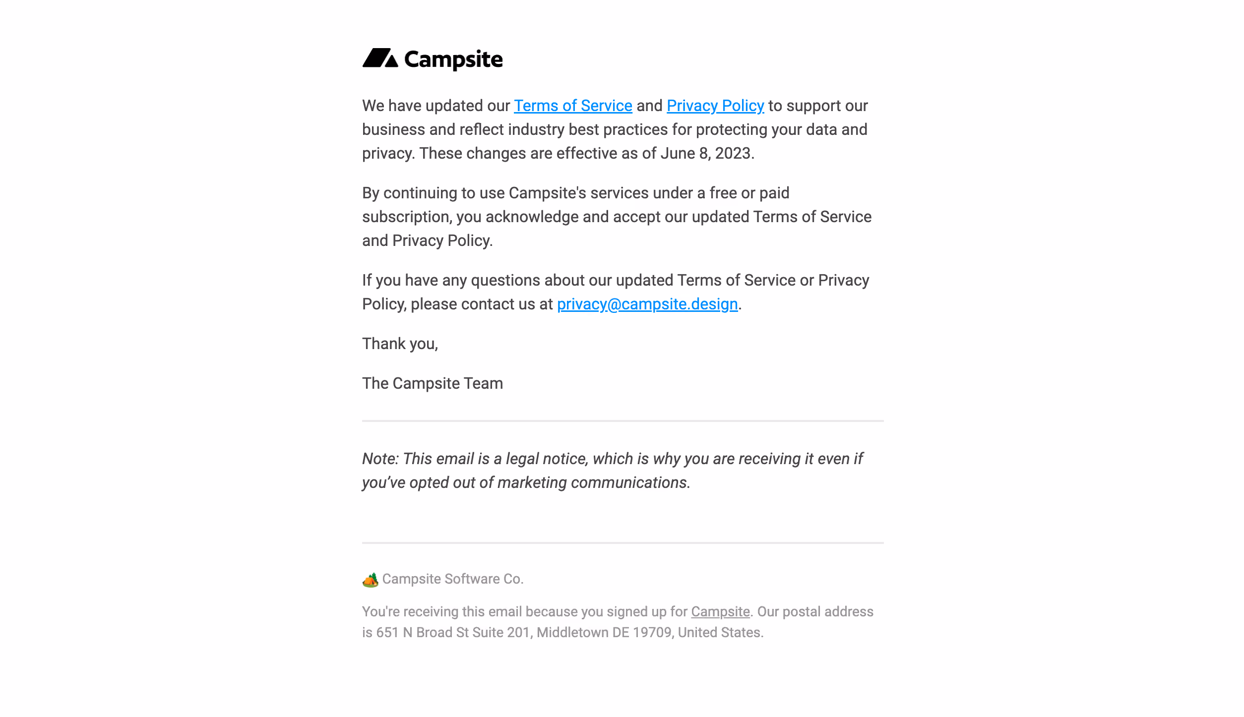 Campsite Terms & Privacy Emails