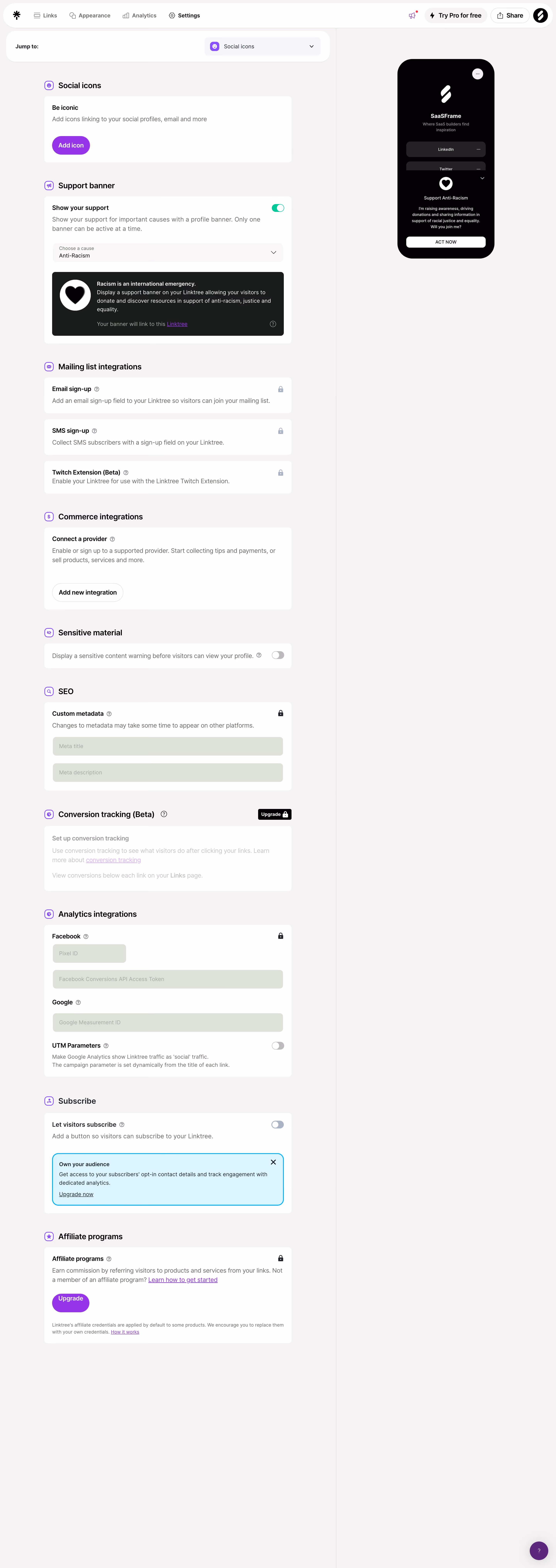 Linktree Settings