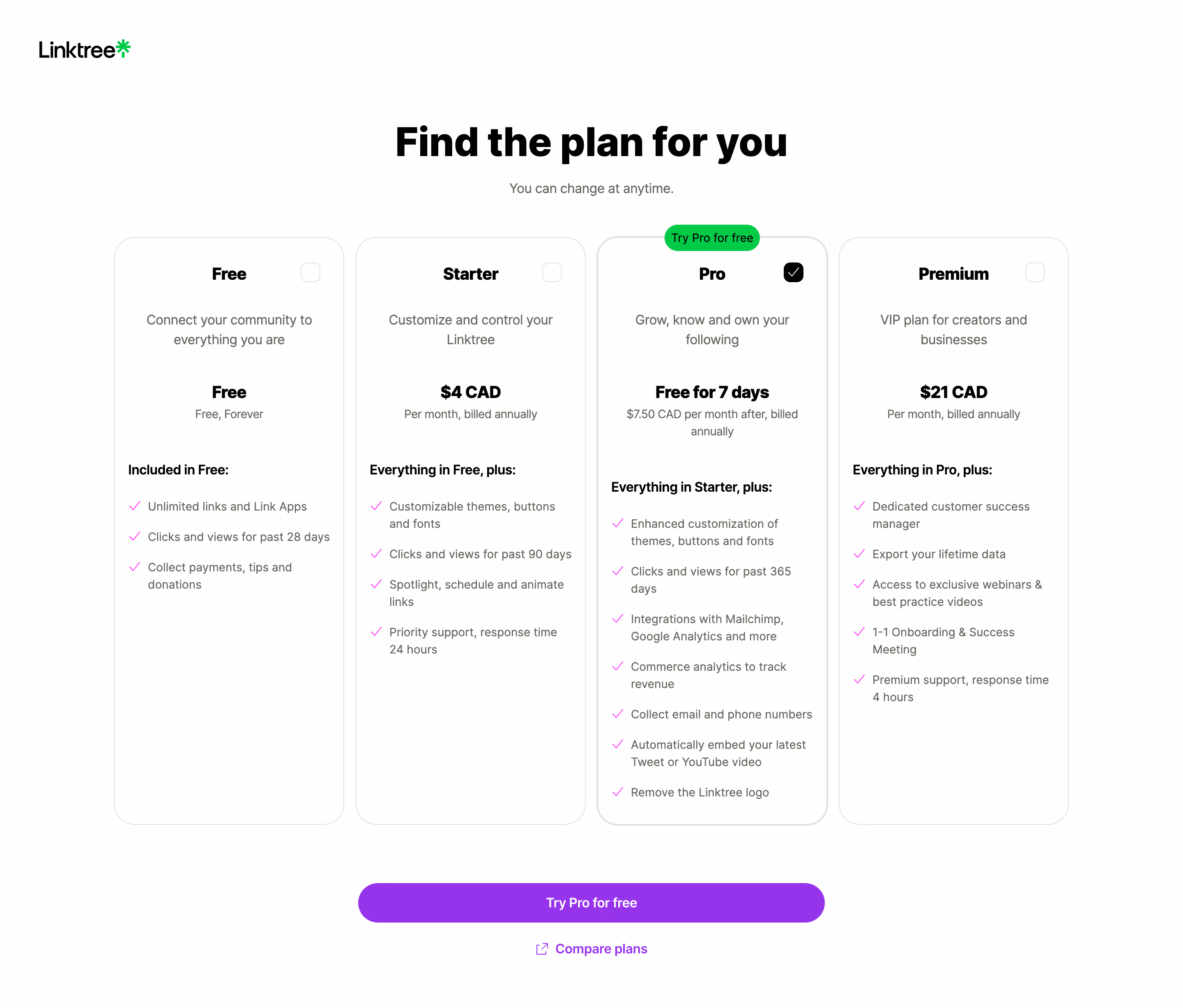 Linktree Choose A Plan