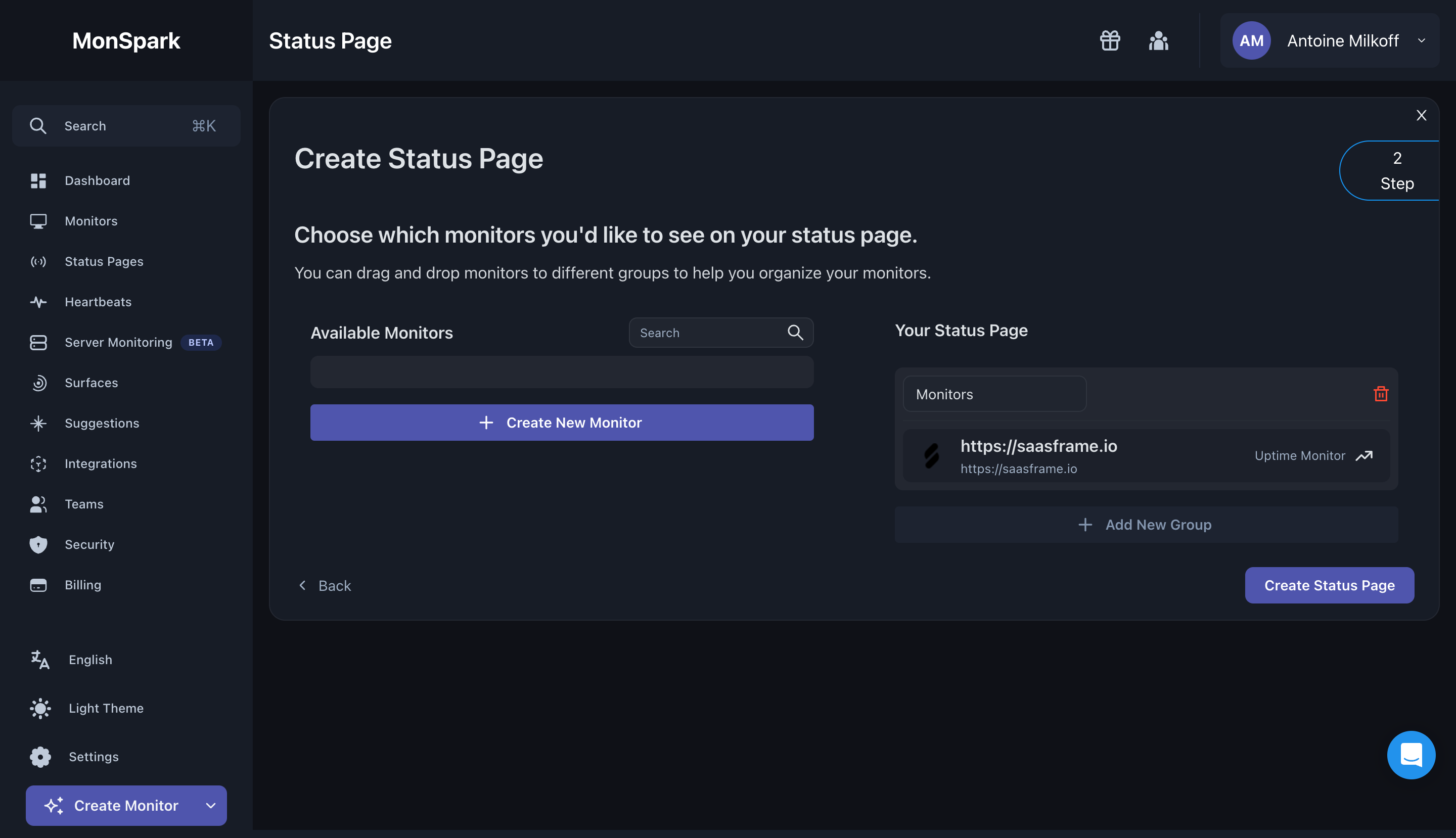 MonSpark Create Status Page