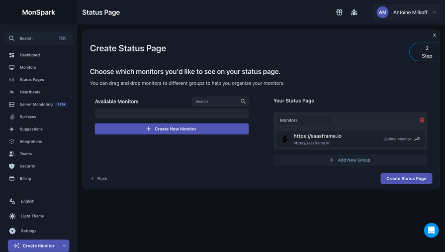 MonSpark Create Status Page