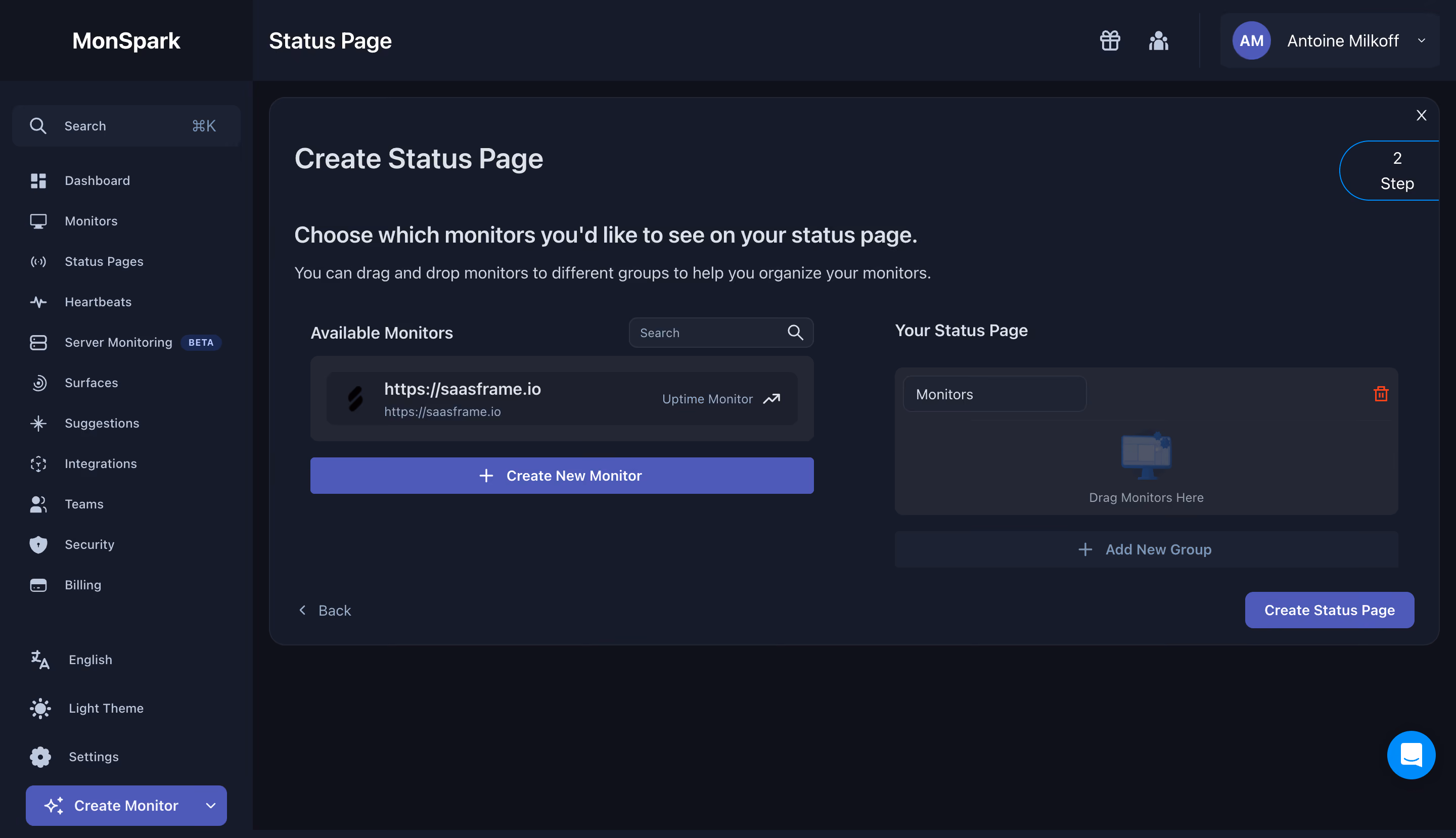 MonSpark Create Status Page