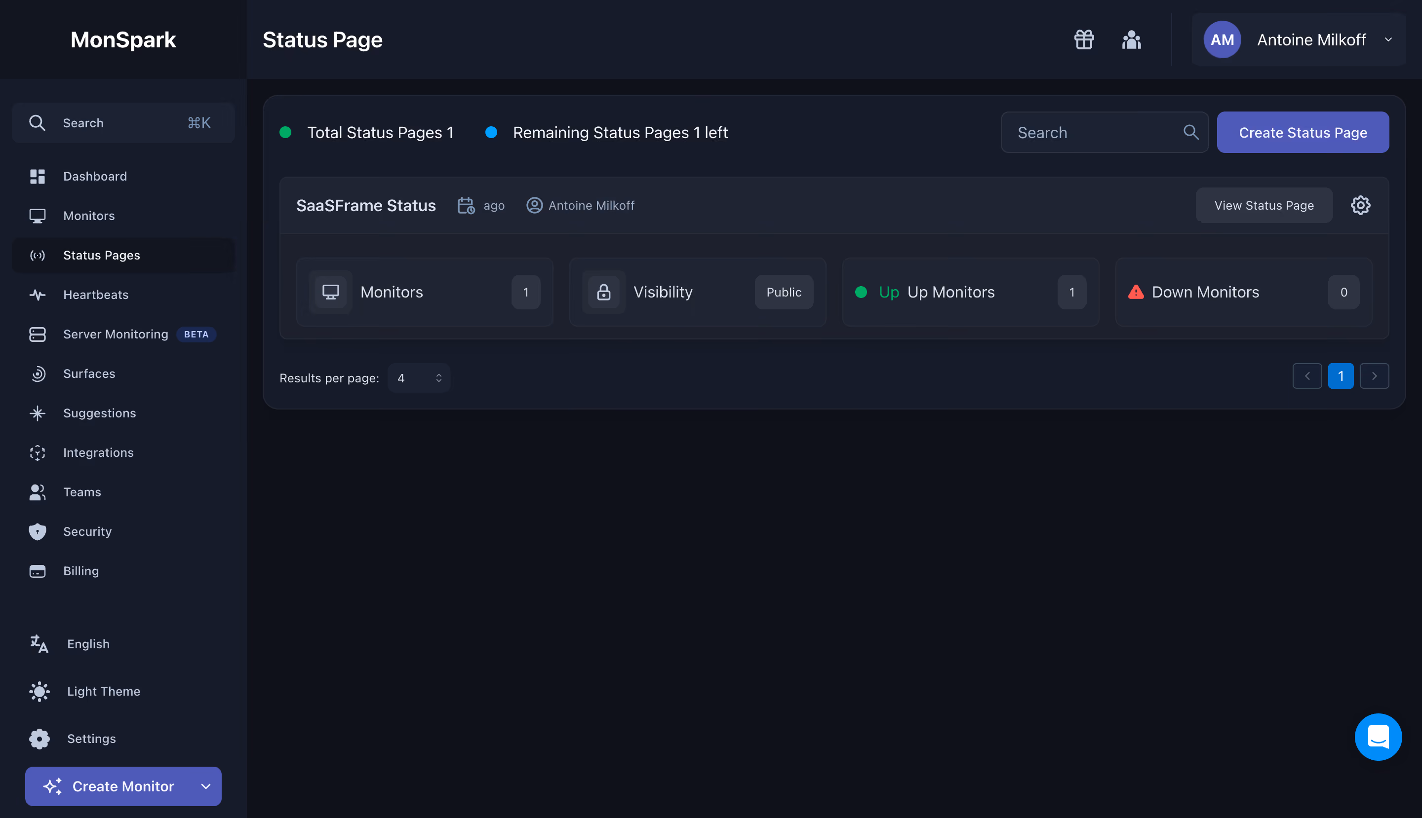 MonSpark Status Pages Dashboard