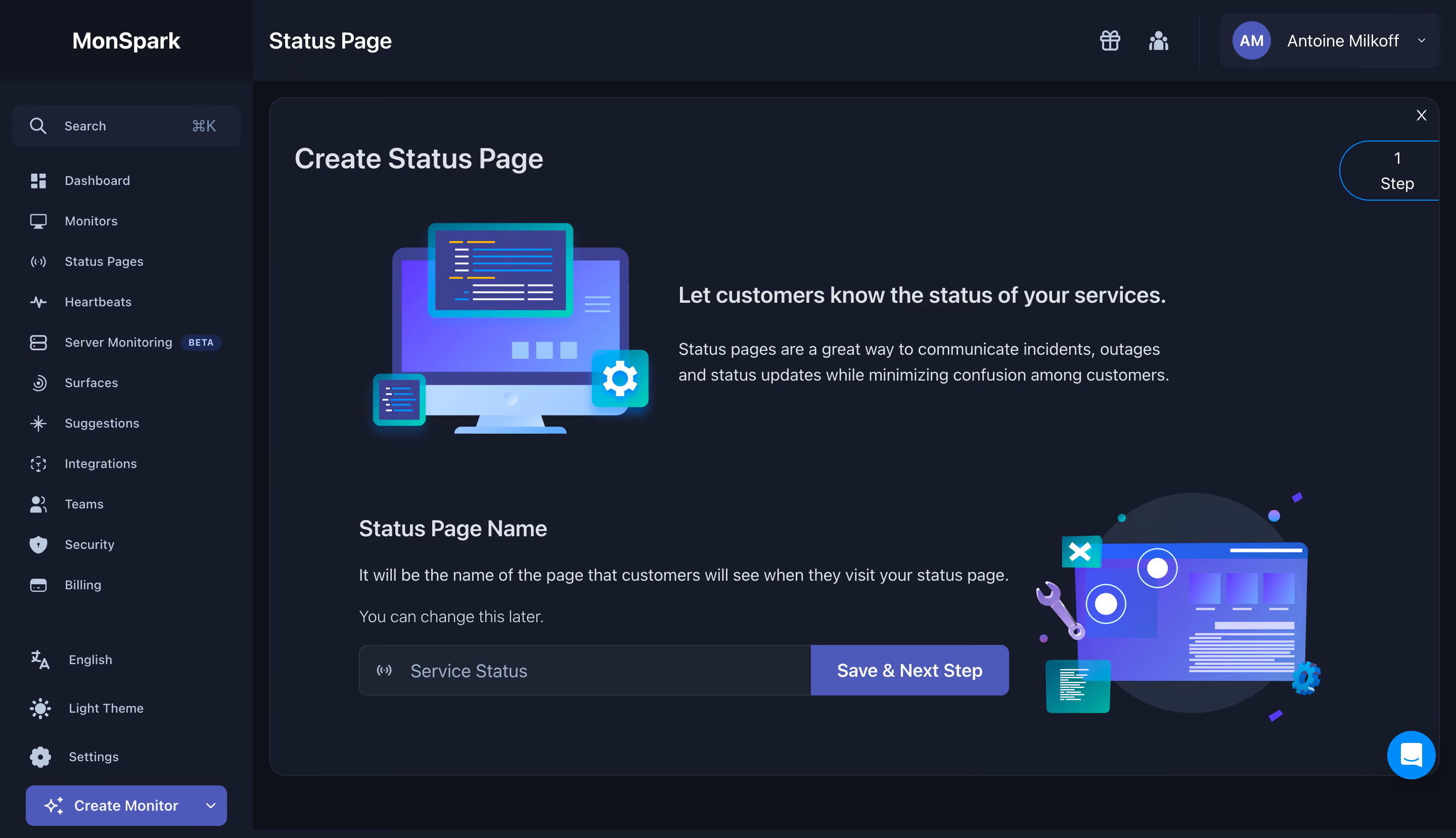 MonSpark Create Status Page