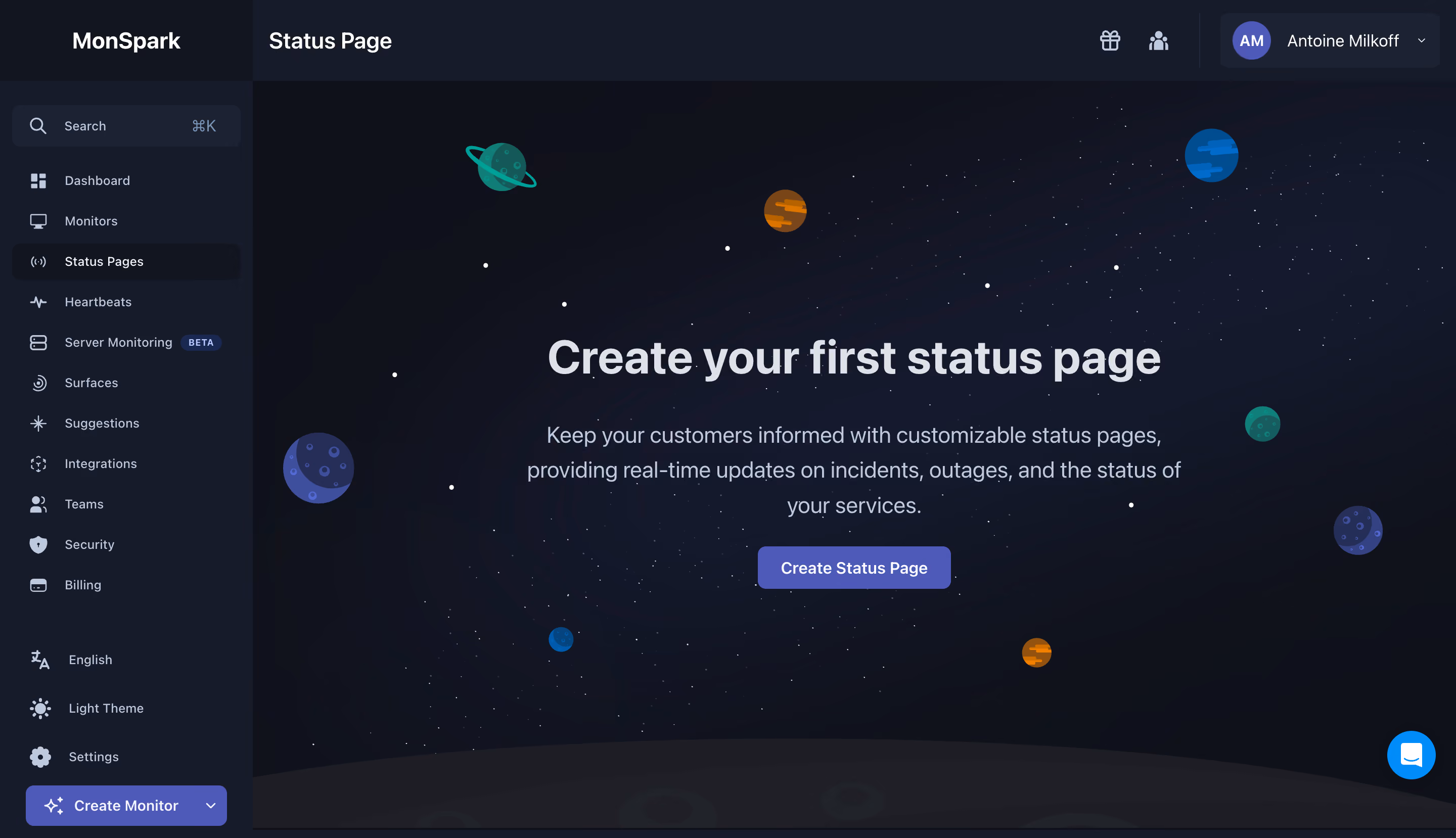 MonSpark Create Status Page