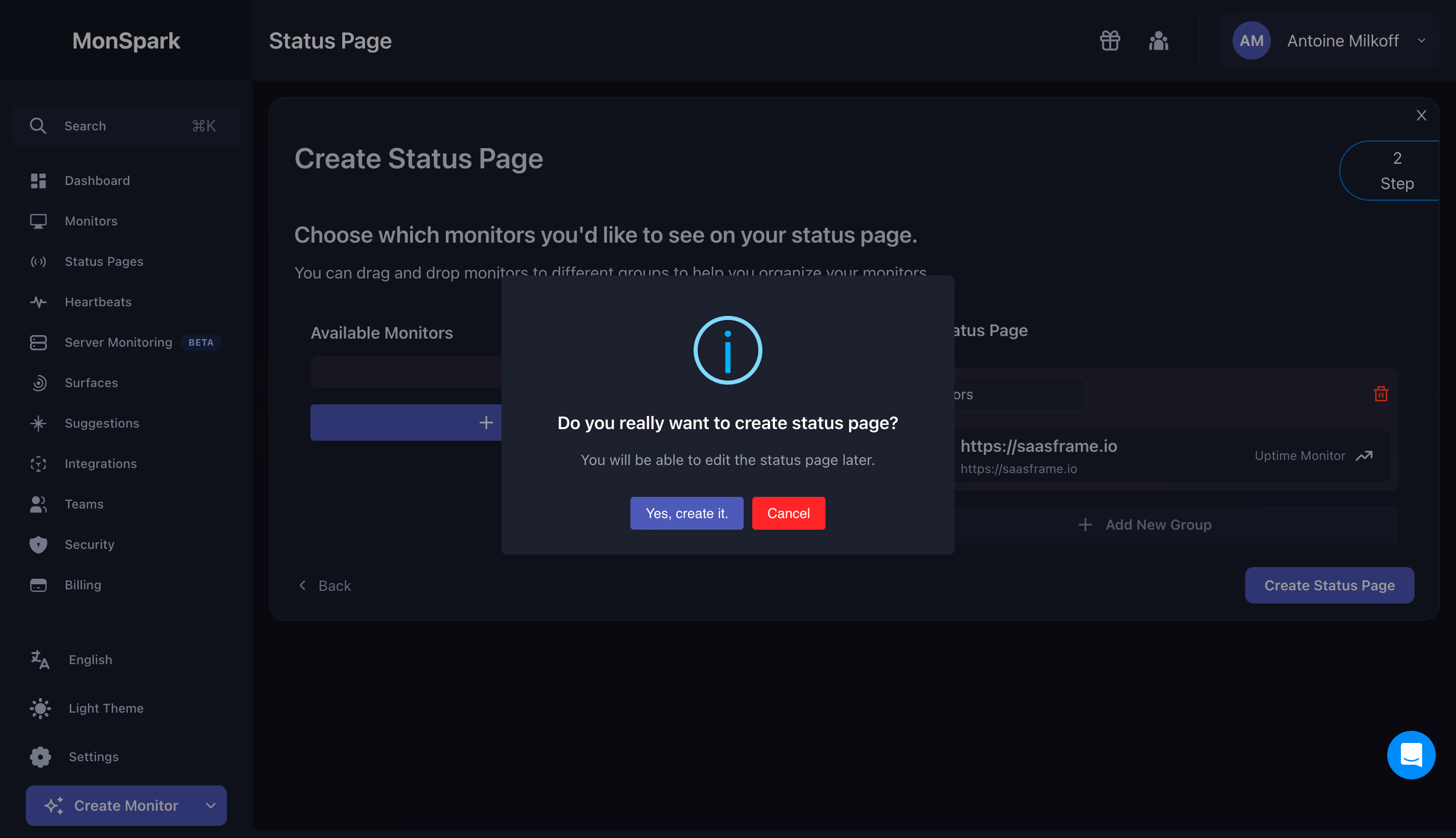 MonSpark Create Status Page Confirmation