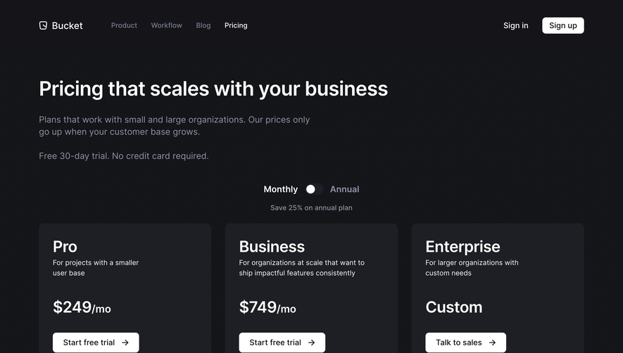 Bucket Pricing Page