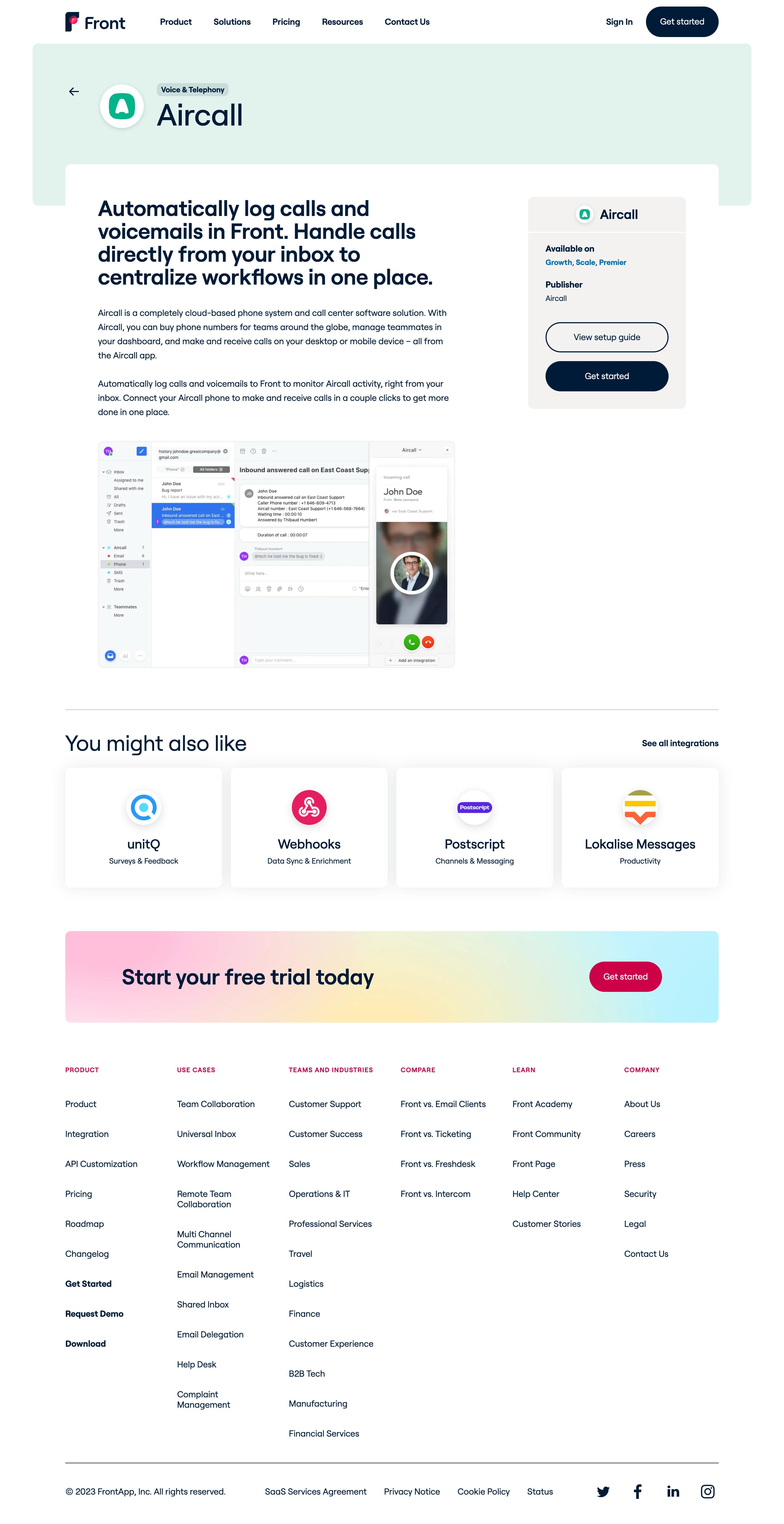 Front Integrations Page