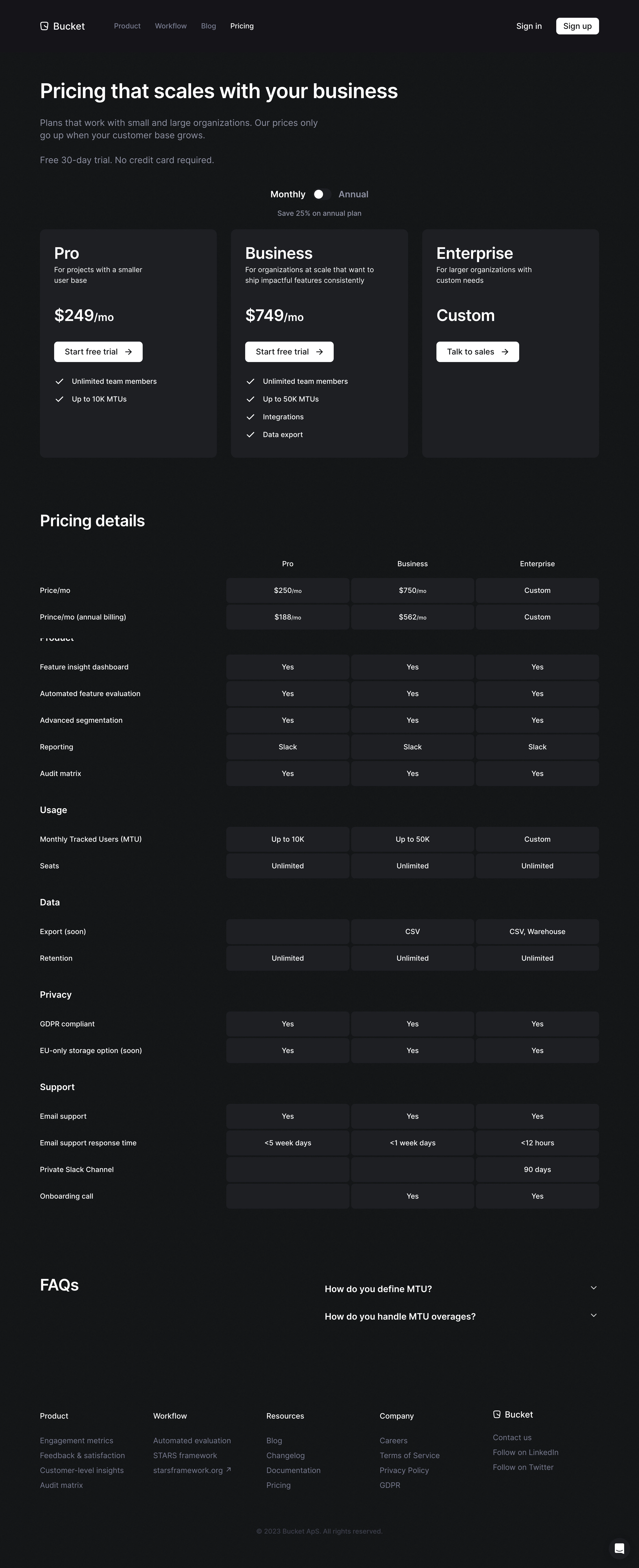 Bucket Pricing Page
