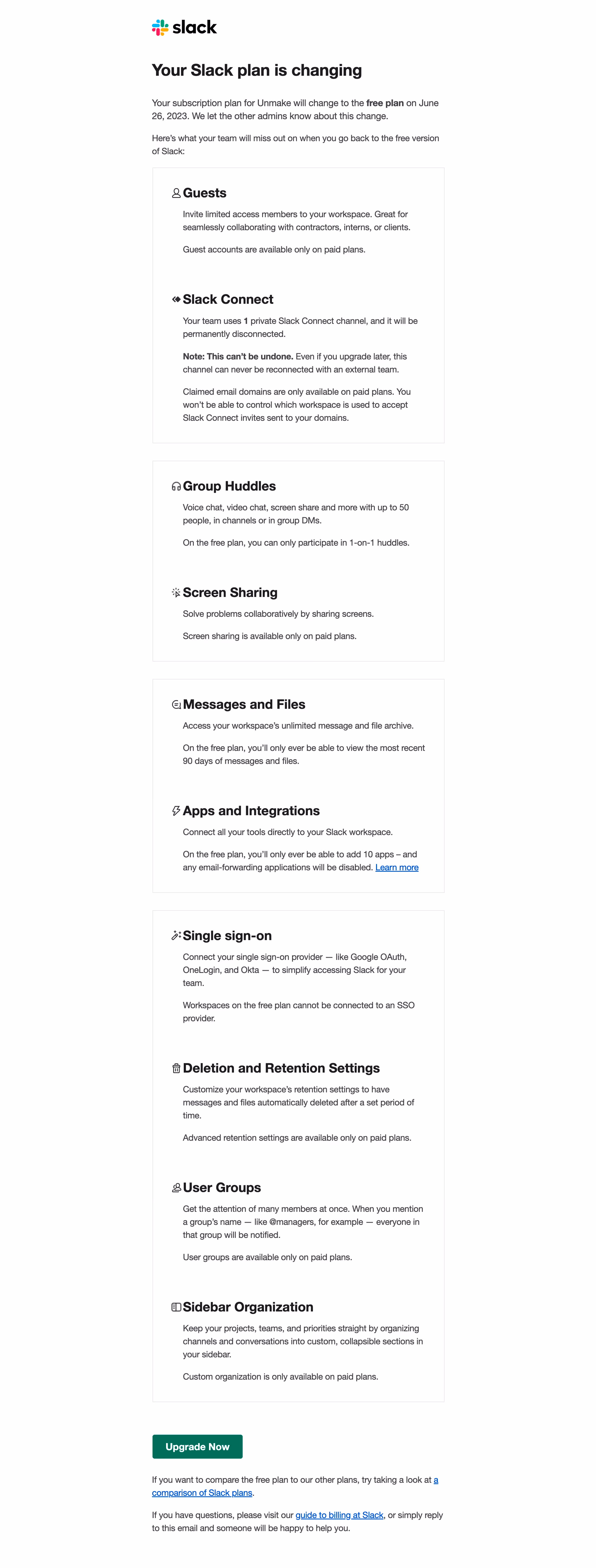 Slack Downgrade Confirmation Email