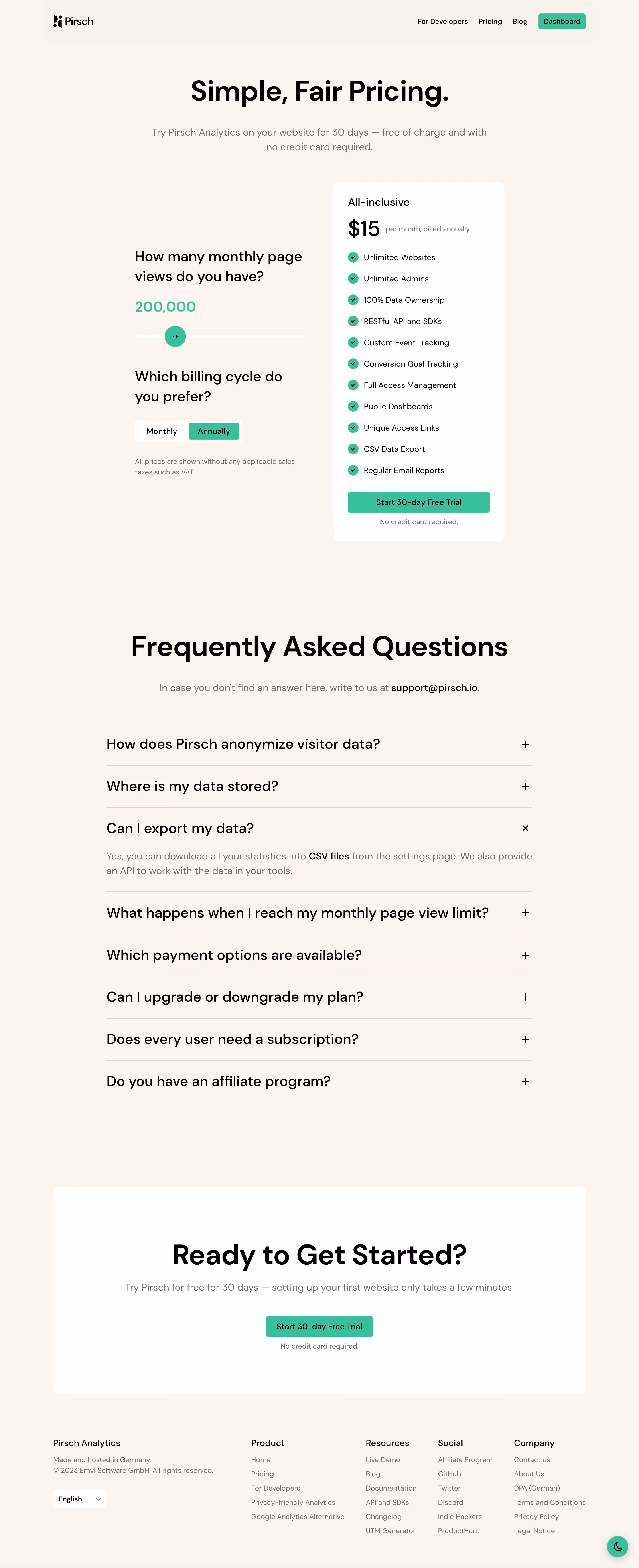 Pirsch Analytics Pricing Page