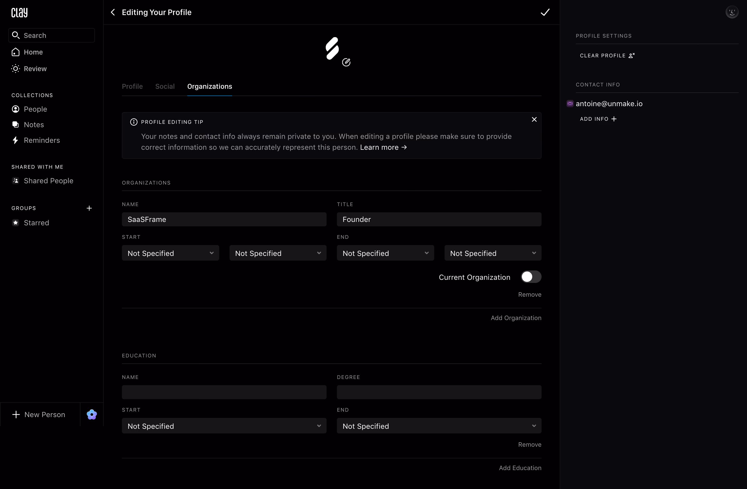 Clay Organizations Settings