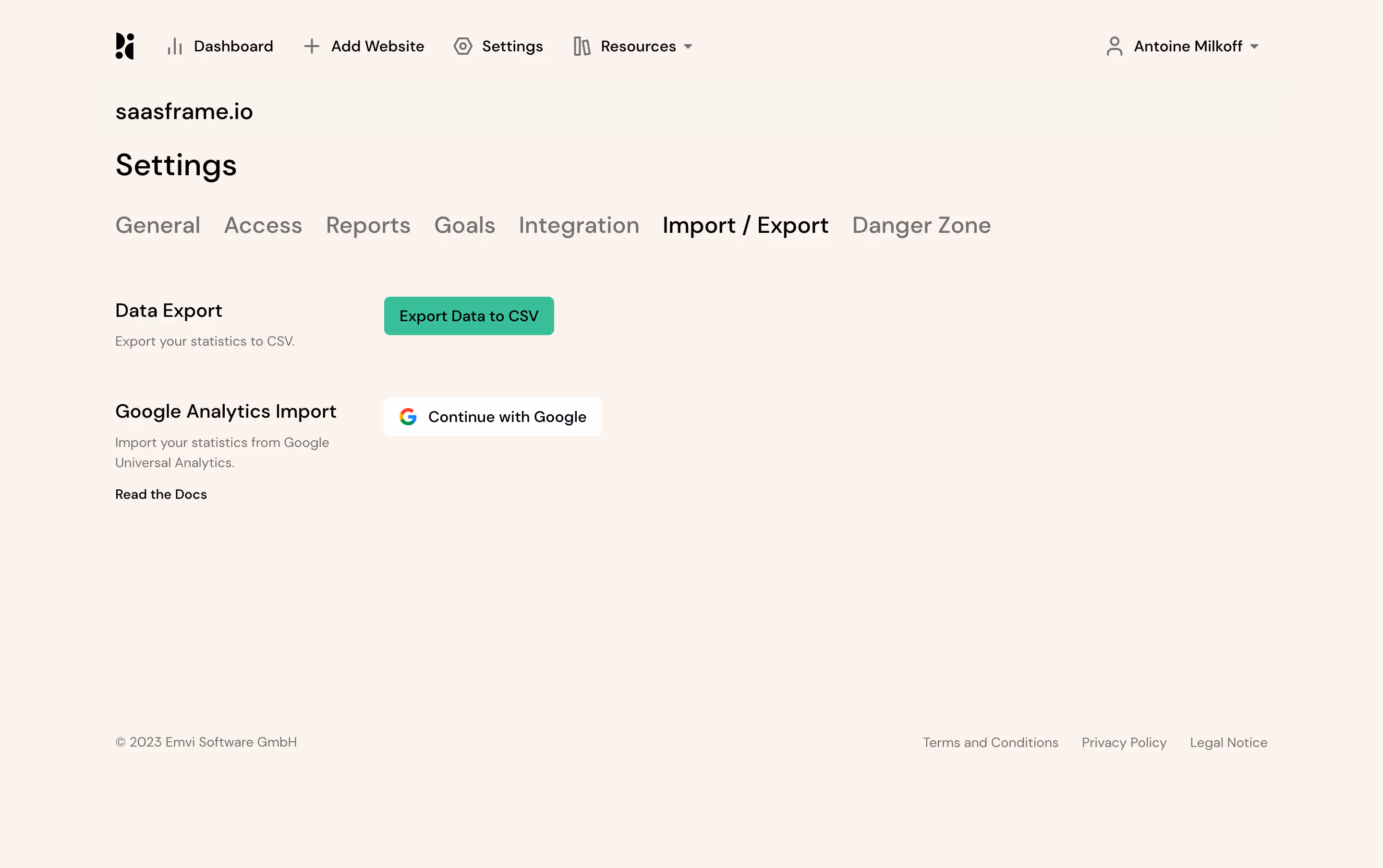 Pirsch Analytics Import/Export Settings