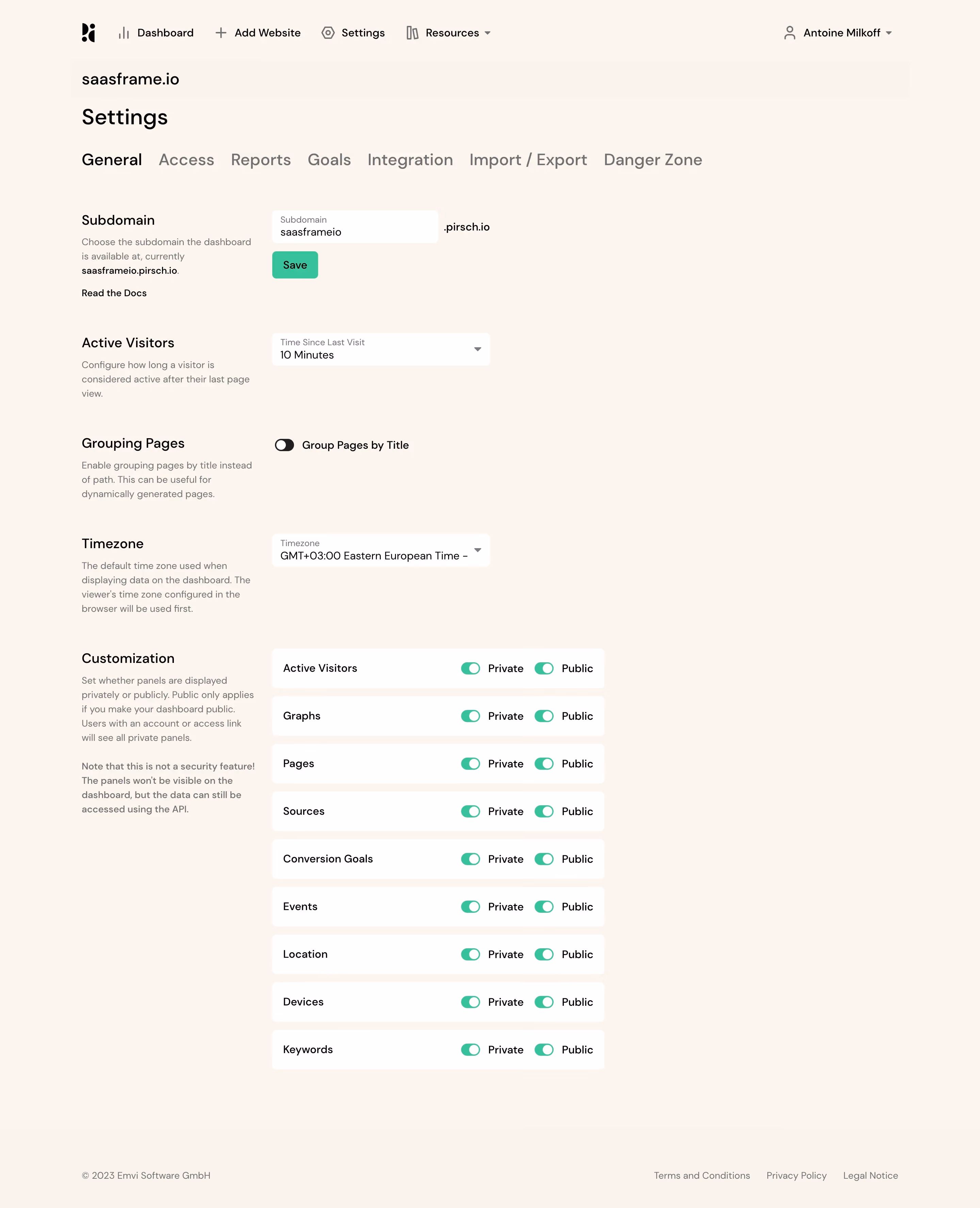 Pirsch Analytics General Settings