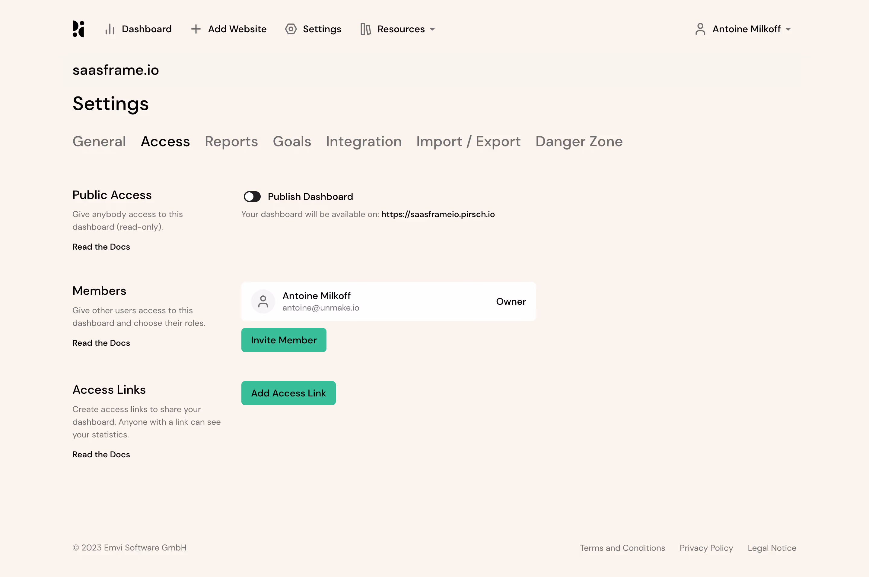 Pirsch Analytics Access Settings