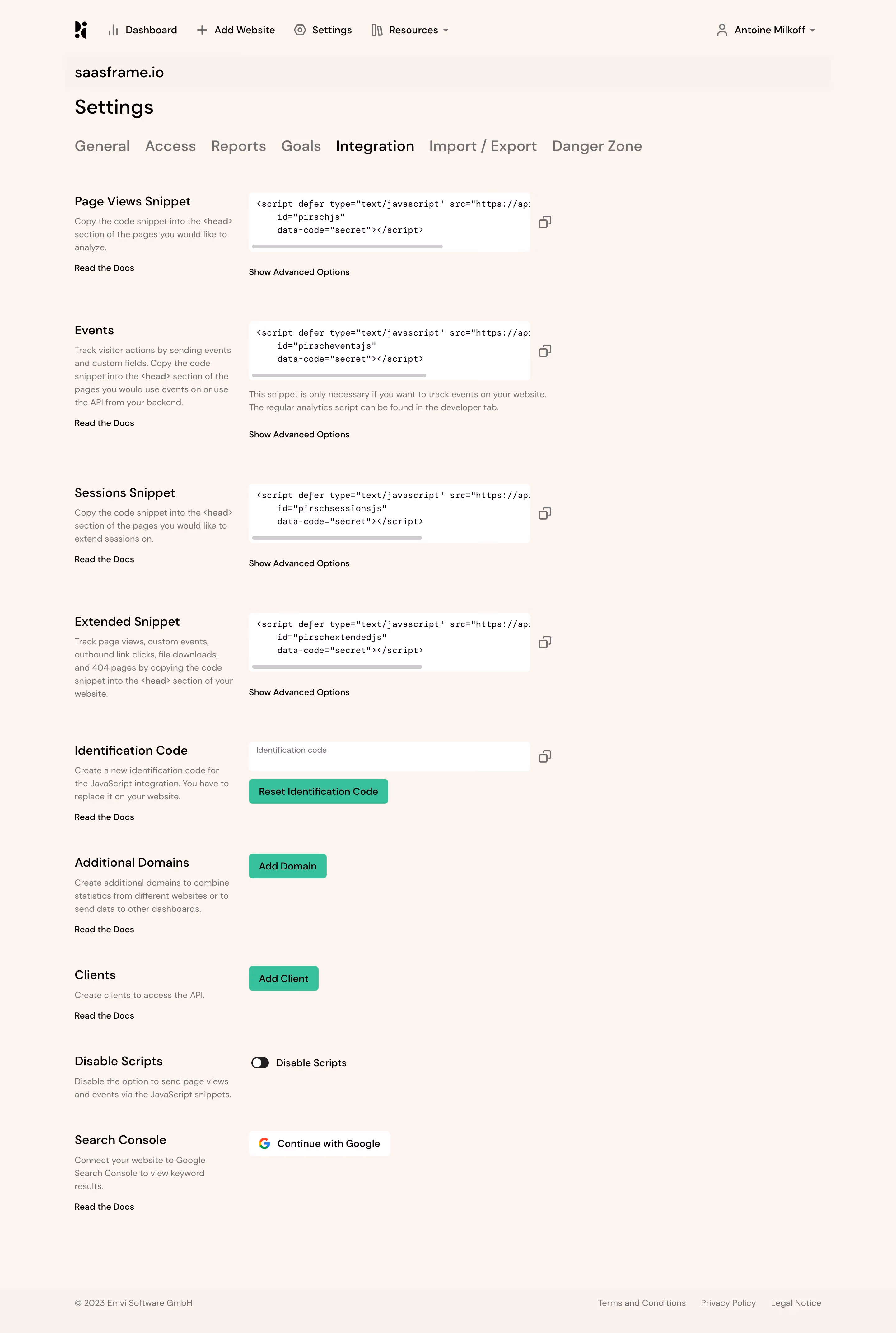 Pirsch Analytics Integration Settings
